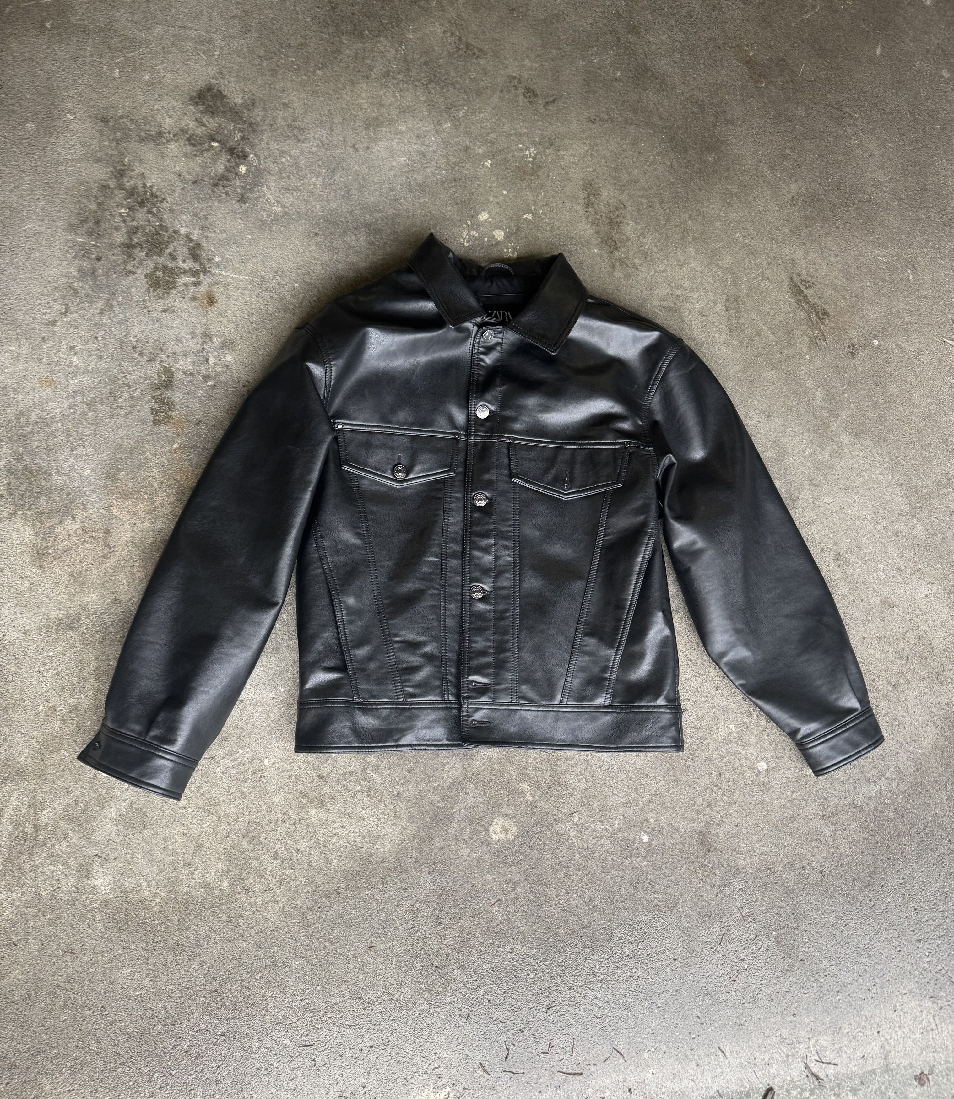 Zara Zara Black Faux Leather Trucker Jacket Size US M / EU 48-50 / 2 - 1 Thumbnail