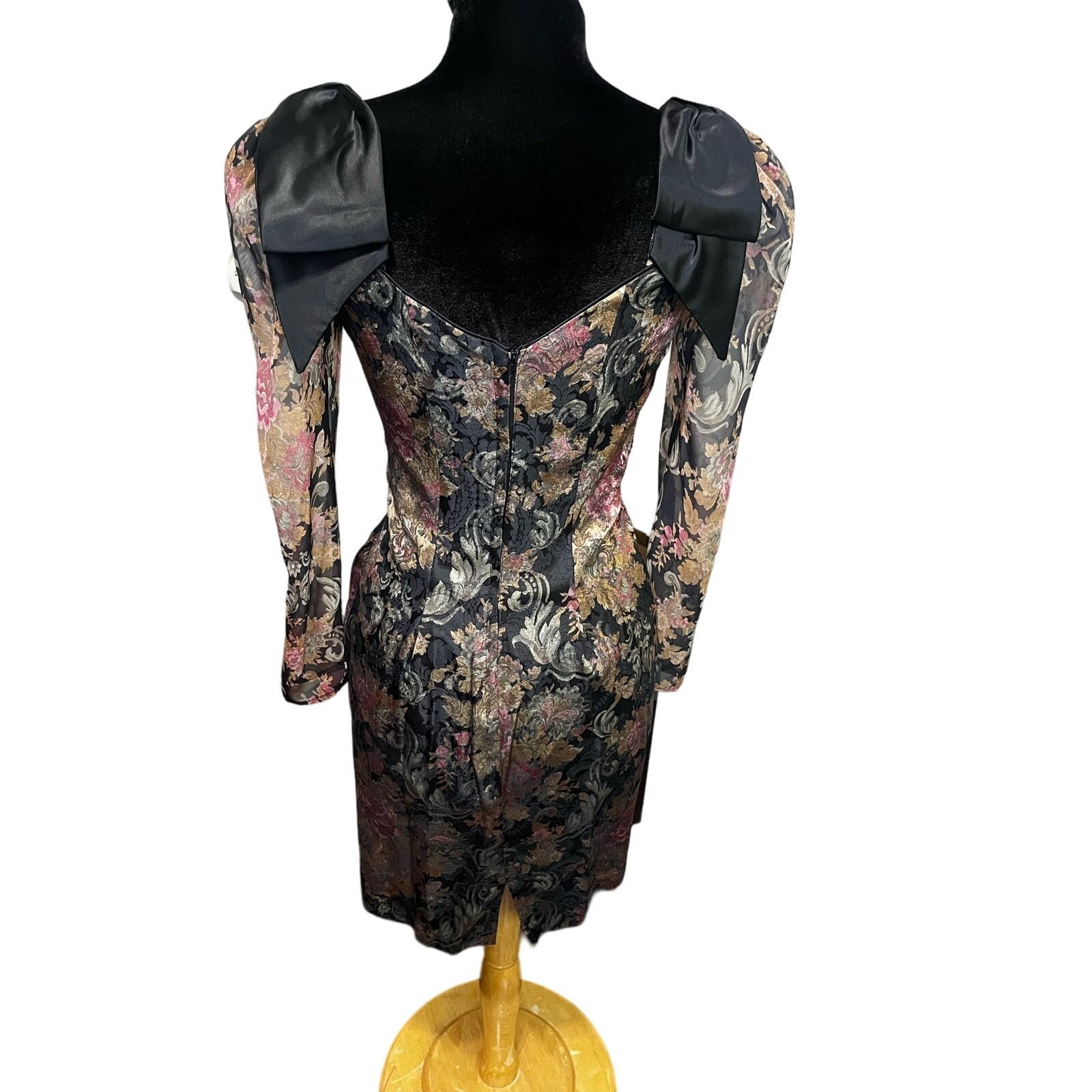 Vintage Vintage 80s Midnight Glo Black Bow Floral Mini Dress Small 8 Size S / US 4 / IT 40 - 2 Thumbnail