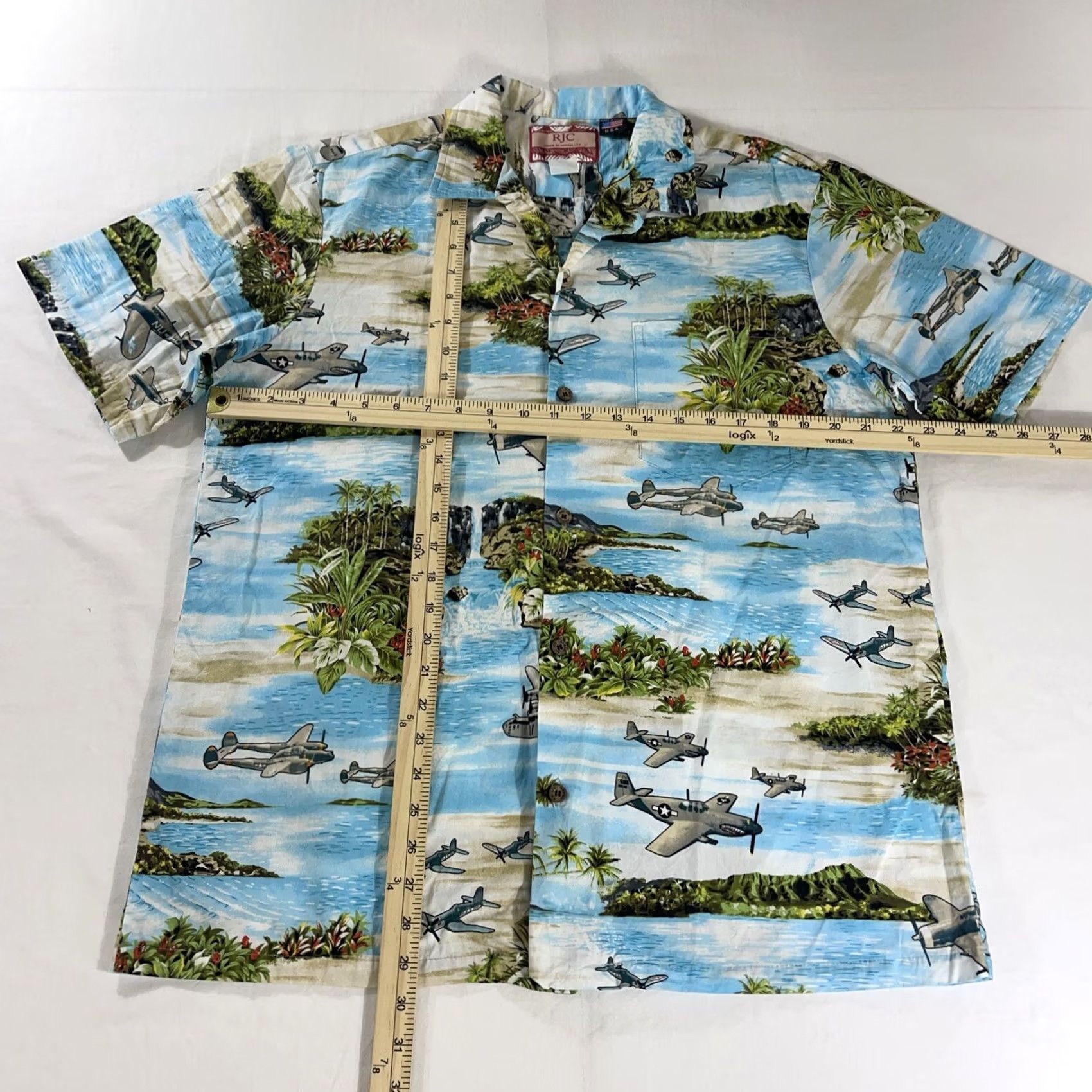 Vintage RJC Hawaiian Button Shirt World War II AOP Fighter Bomber Airplanes WW2 WWII Button-Up Short Sleeve Men's L Blue Cotton Shirt Size US L / EU 52-54 / 3 - 2 Thumbnail