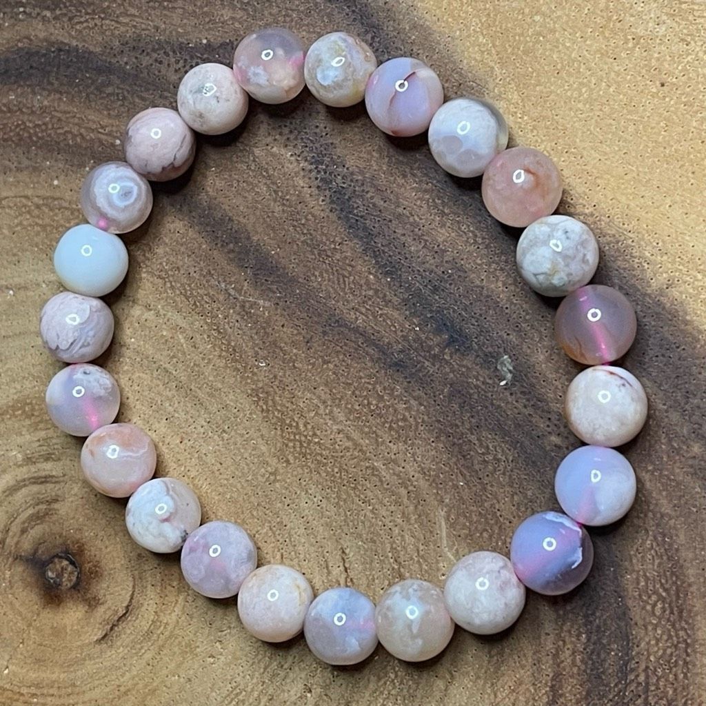 Other Pink green Flower Agate stretch beaded bracelet 7” crystal healing beads 8mm ONE NEW Size ONE SIZE - 3 Thumbnail