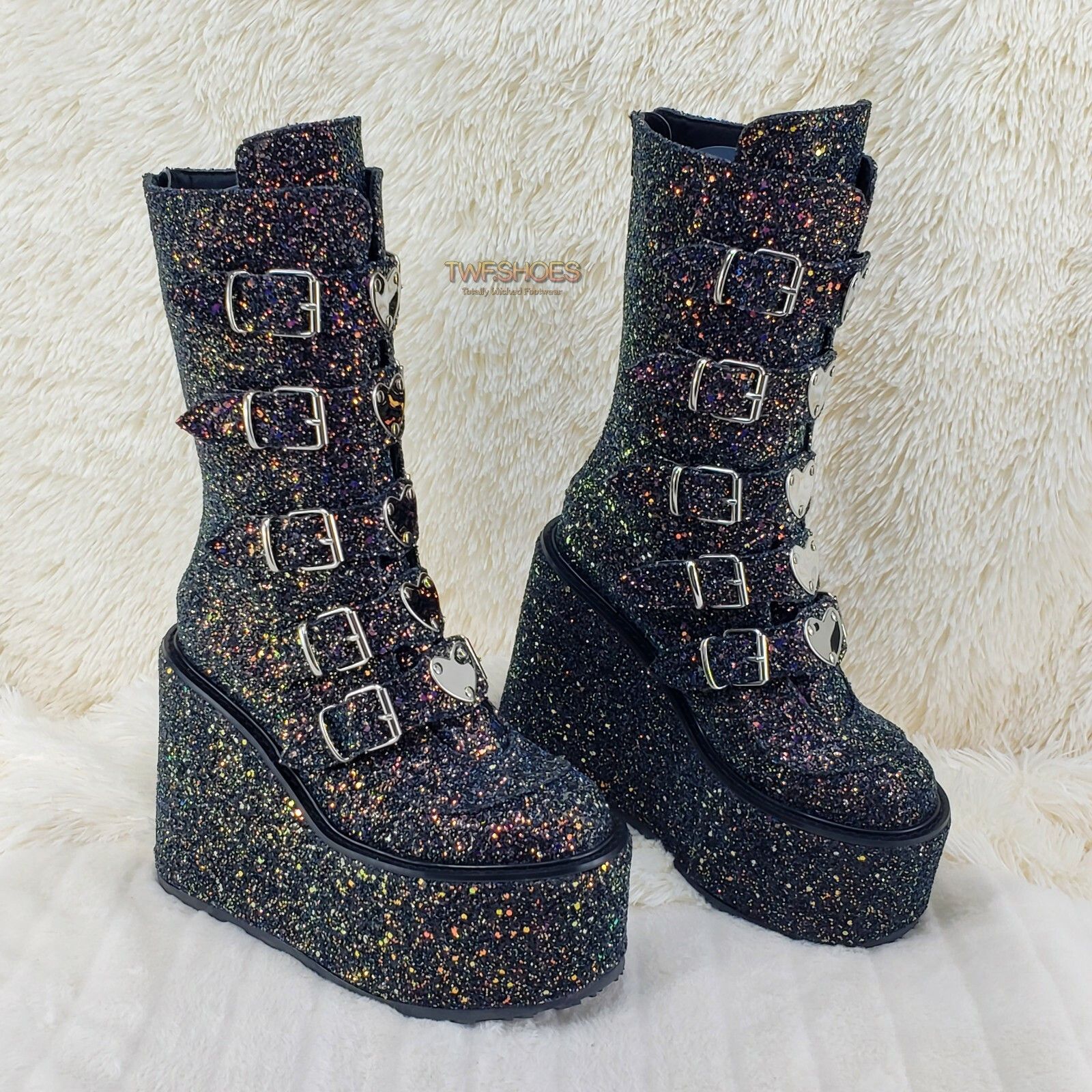 Demonia Cult DEMONIA Swing 230G Black Glitter Platform Boots Heart Strap Size US 6 / IT 36 - 1 Thumbnail