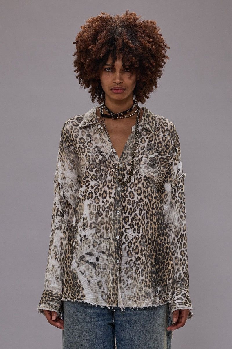 R13 Shredded Seam Drop Neck Shirt Leopard XS Size XS / US 0-2 / IT 36-38 - 1 Thumbnail