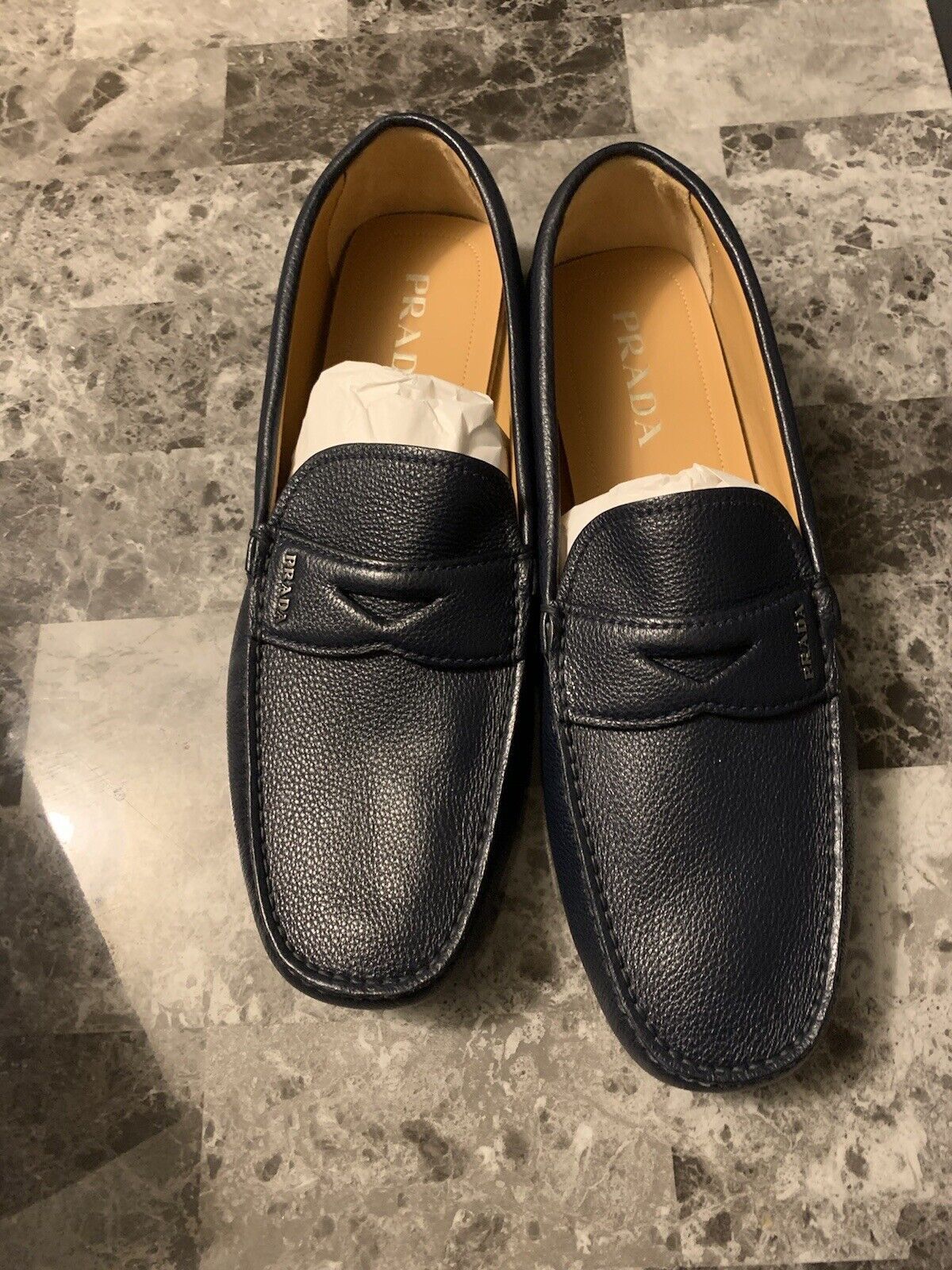 image of Prada Spazzolato Rios Calzature Uomo Navy Blue Size 11.5 Shoes in Black, Men's