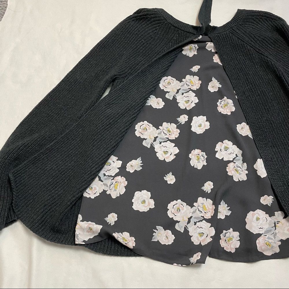 Loft New LOFT Floral Chiffon Tie Back Ribbed Cotton Gray Sweater Size M / US 6-8 / IT 42-44 - 9 Thumbnail