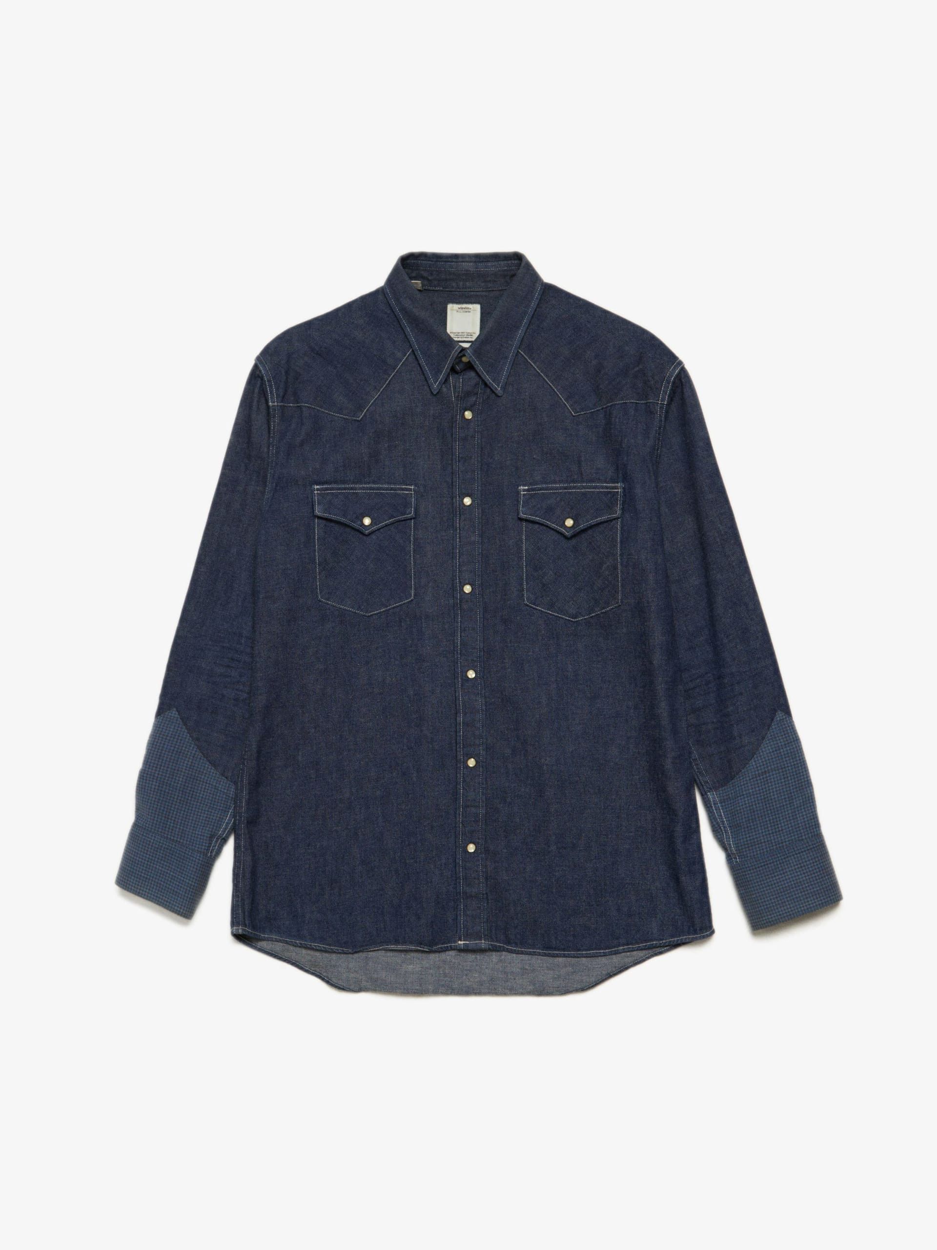 image of Visvim Navy Sleeve Patch Detailed Denim Cotton Shirt, Men's (Size XL)