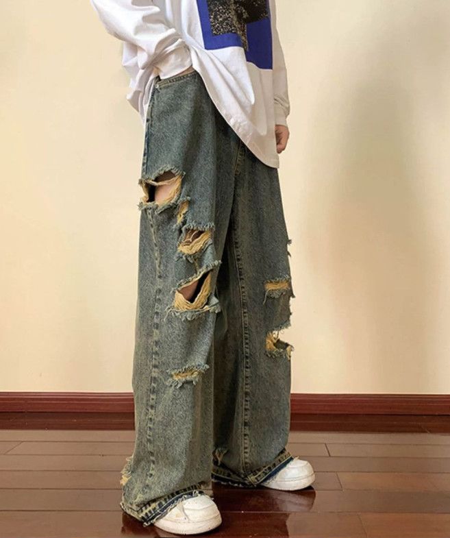 Japanese Brand Tall men's vintage loose straight-leg raw-edge ripped jeans Size US 32 / EU 48 - 3 Thumbnail