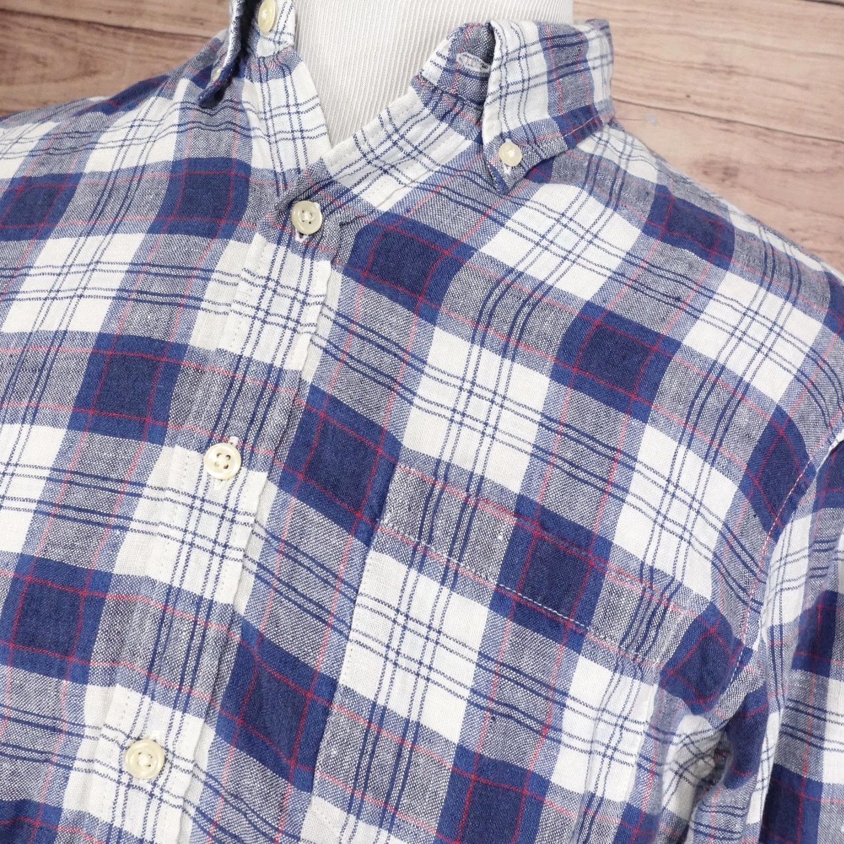 J.Crew J.Crew Mercantile Linen Shirt Blue White Plaid Mens Medium Long Sleeve Button Down Size US M / EU 48-50 / 2 - 2 Thumbnail