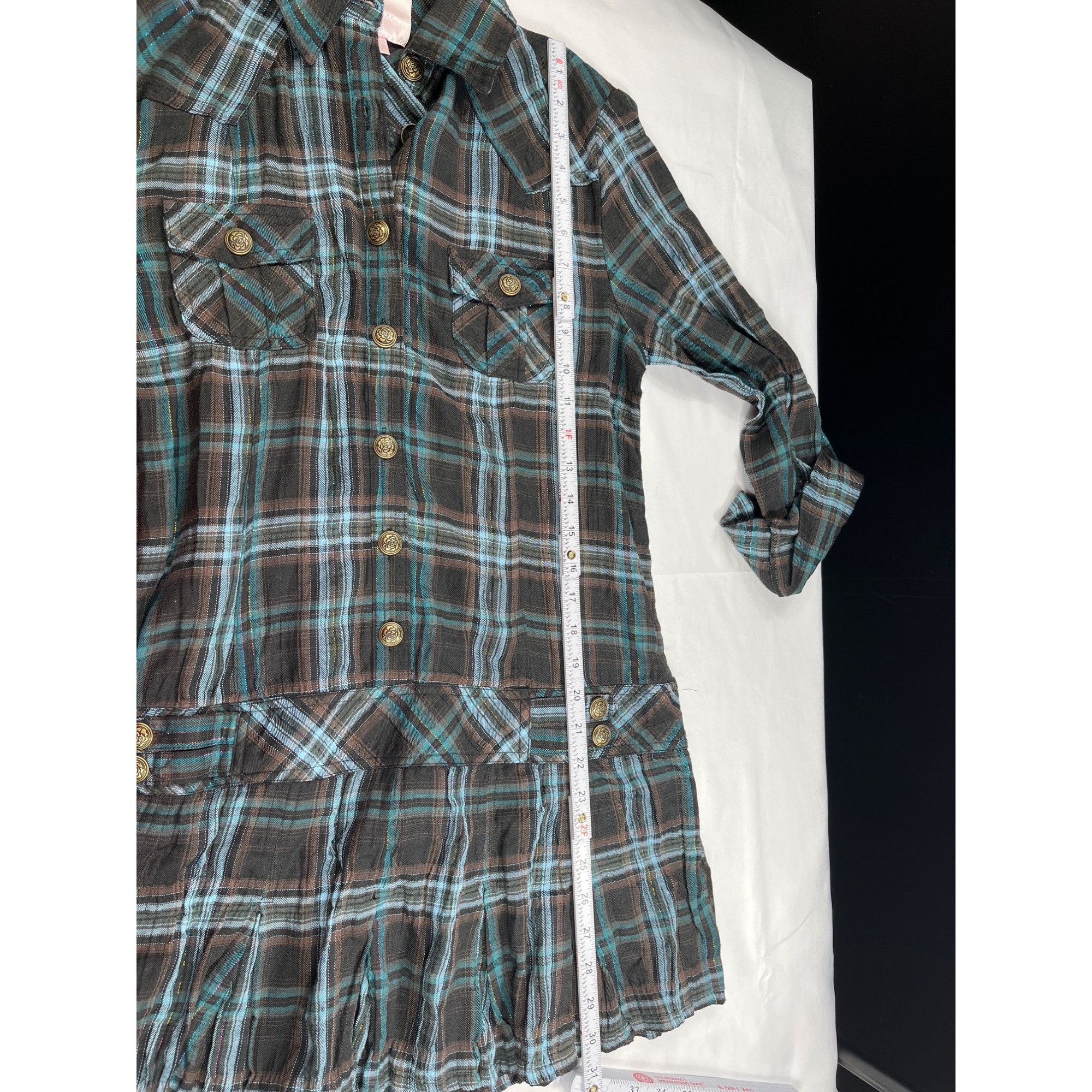 Designer Romeo And Juliet Couture SKU 7585 Plaid Button Up Shirt Dres Size L / US 10 / IT 46 - 6 Thumbnail