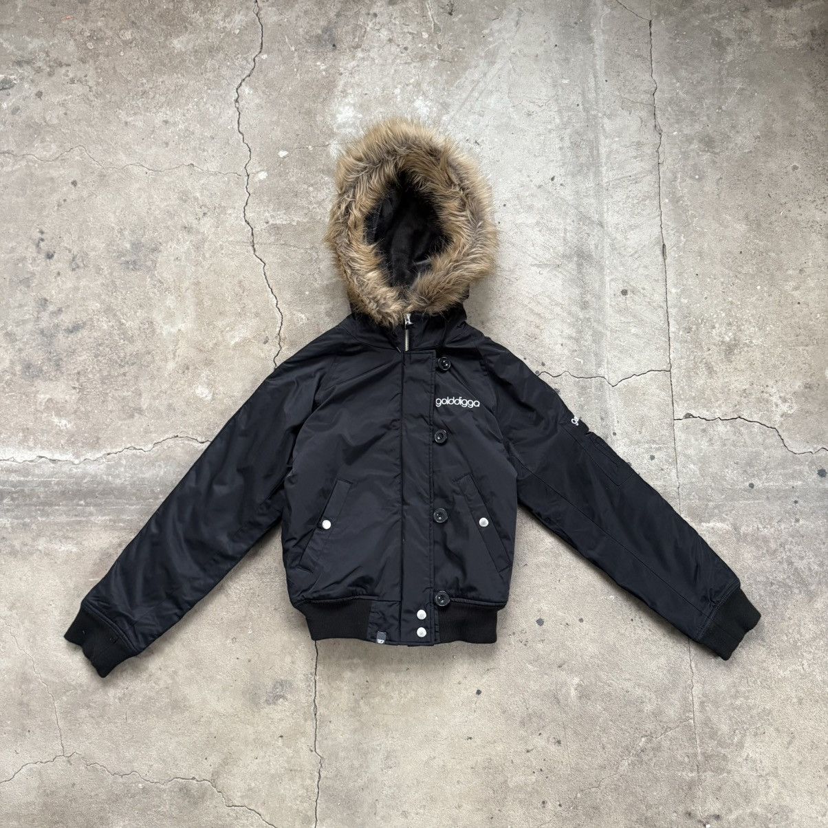 Golddigga Black Nylon Bomber Jacket With Faux Fur Hood