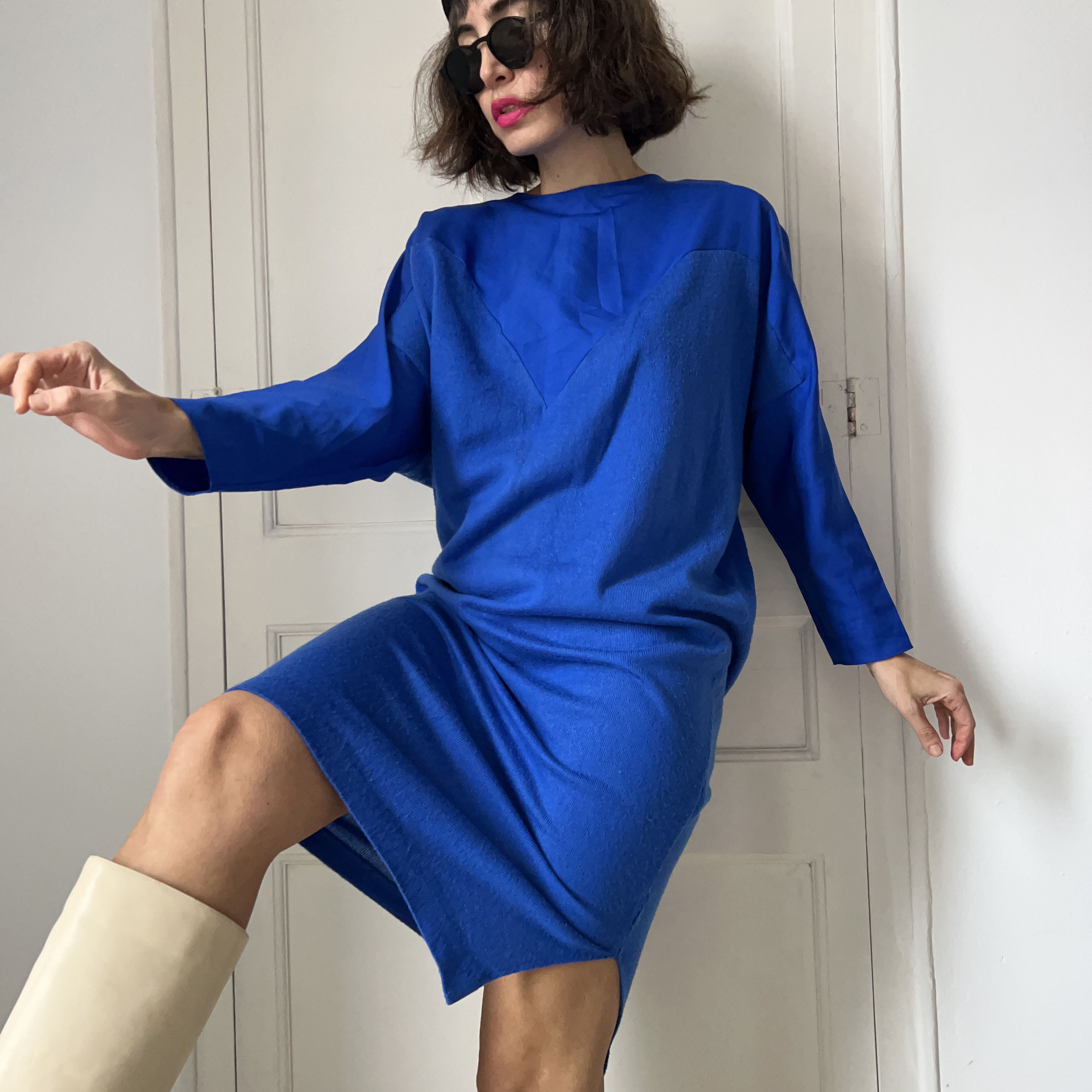 Vintage Vintage 80s Cobalt Blue Dolman Sleeve Midi Tunic Dress Size S / US 4 / IT 40 - 3 Thumbnail