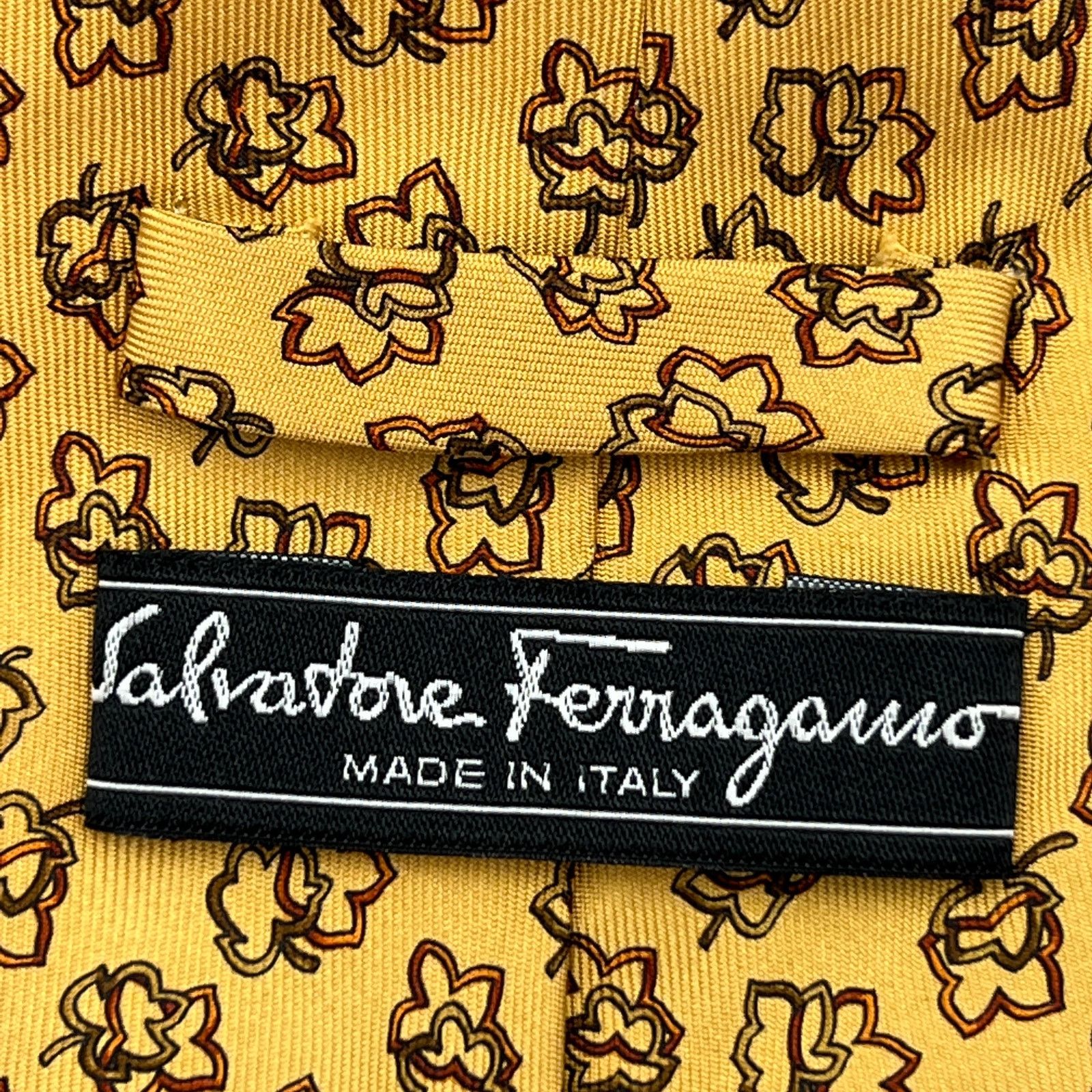 Salvatore Ferragamo Salvatore Ferragamo Leaf Print Motif Silk Tie Yellow Size ONE SIZE - 3 Thumbnail