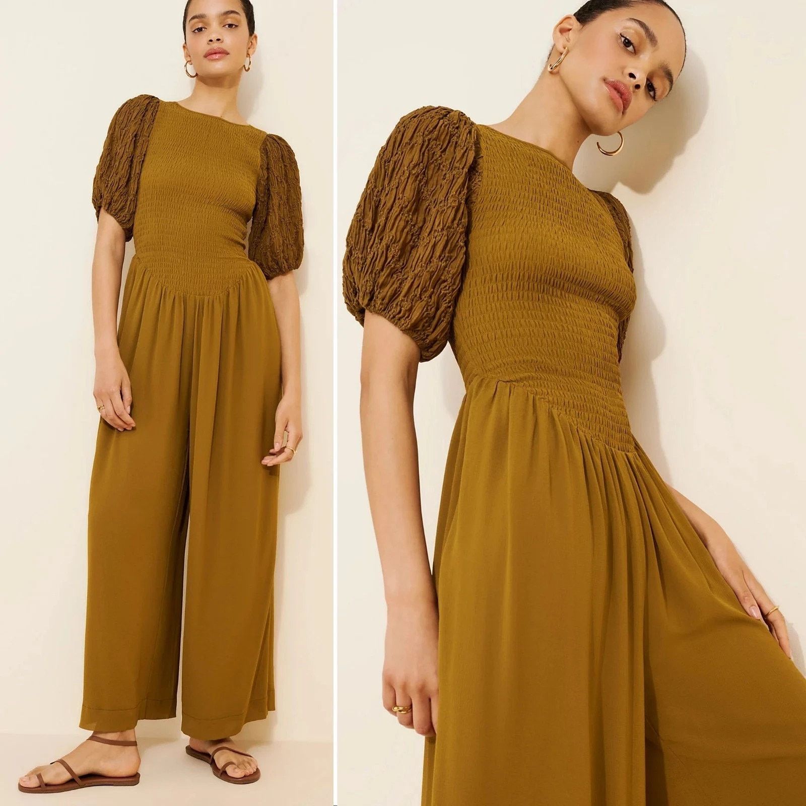 Free People Free People Smocked Wide Leg Jumpsuit Green Puff Sleeve Size 24" / US 00 / IT 34 - 2 Thumbnail