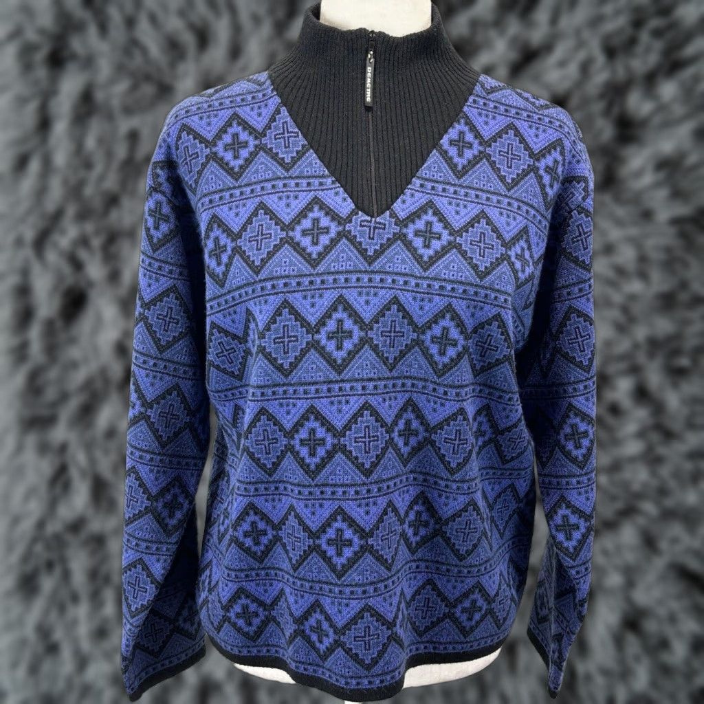 VINTAGE Demetre Ski Sweater Geometric Wool Blend 1/4 Zip Women Large Purple Black / USA Made Sweater Pullover