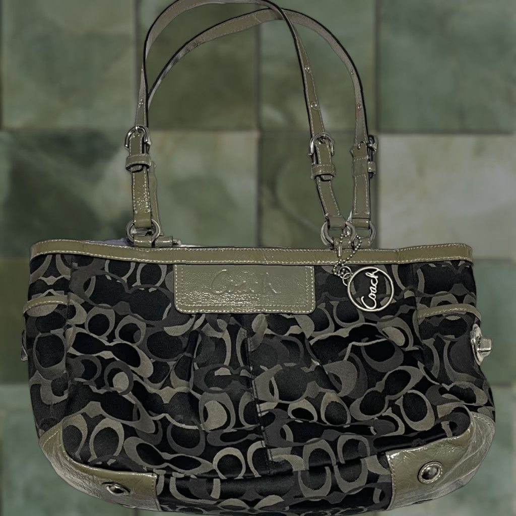 Coach Coach Black/Gray Optic Signature Patent Leather Trim Double Straps Bag Size ONE SIZE - 1 Thumbnail
