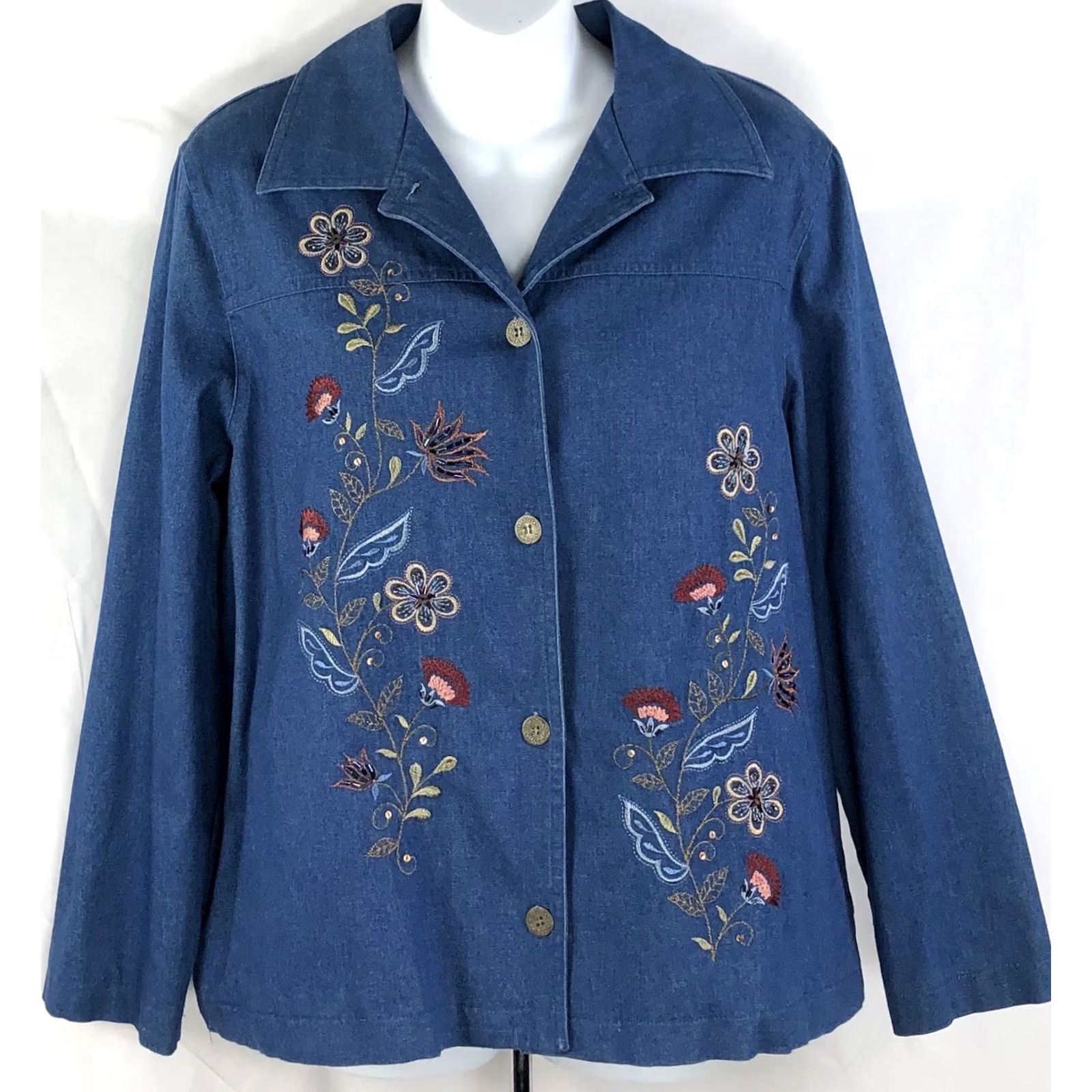 Vintage Alfred Dunner Chambray Denim Jacket 16P Blue Floral Embroidered Hippie Cottage Shirt Women Small? Size XXL / US 16-18 / IT 52-54 - 5 Thumbnail