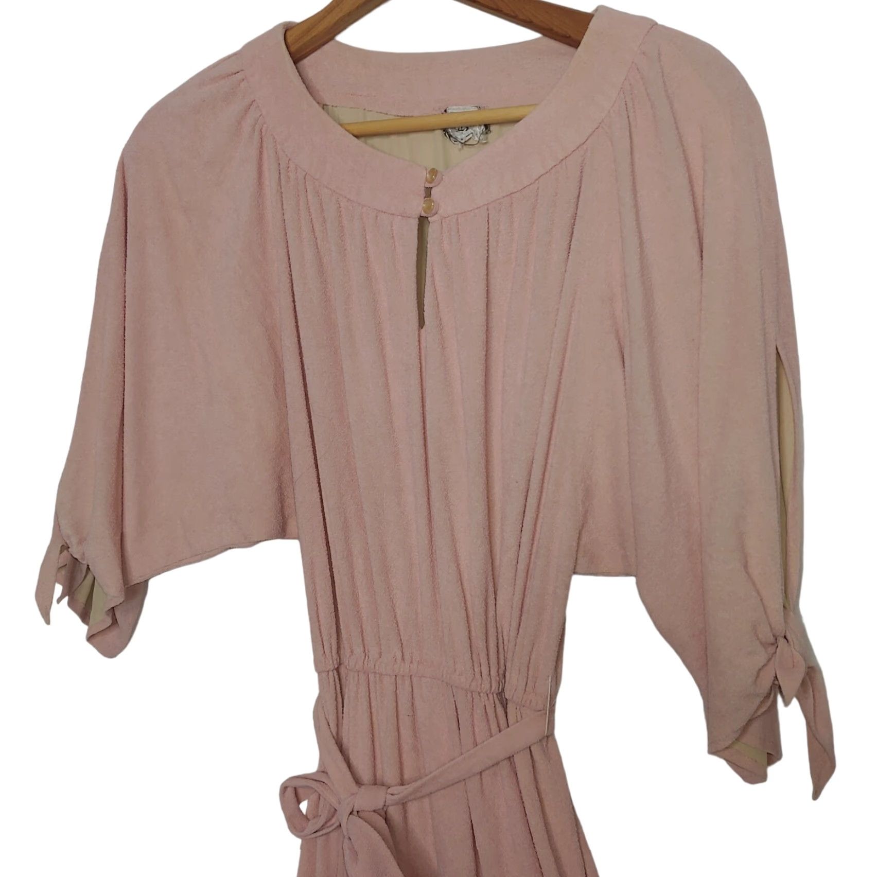 Pinko Vintage 1970s Dress Small Pink Terry Cloth Belted Knee Length Short Sleeves Tie Size 28" / US 6 / IT 42 - 2 Thumbnail