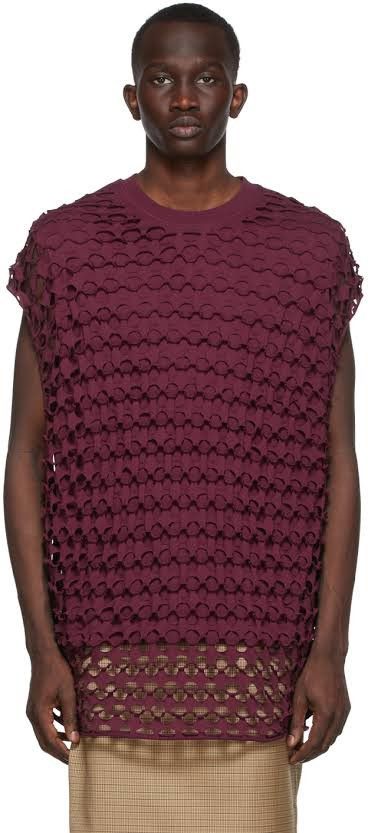 Dries Van Noten Burgundy Perforated Overlay T-Shirt Size US M / EU 48-50 / 2 - 2 Thumbnail