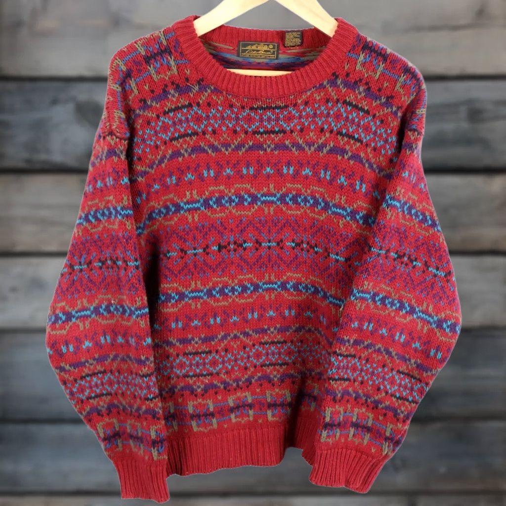 Eddie Bauer VINTAGE Eddie Bauer Sweater Men's Large Dark Red Fair Isle Geometric Cotton Knit VTG Size US L / EU 52-54 / 3 - 1 Thumbnail