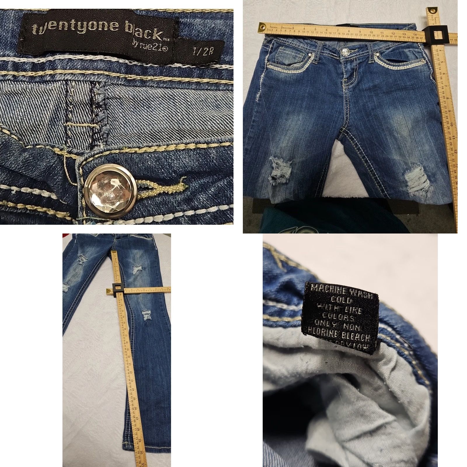 Vintage Twenty One Y2K Bootcut Jeans Distressed Rhinestone Button Flare Juniors Size 25" / US 0 / IT 36 - 8 Thumbnail
