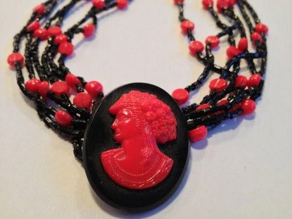Handmade Multi Strand Red & Black French Jet Glass Bead Necklace Size ONE SIZE - 1 Thumbnail