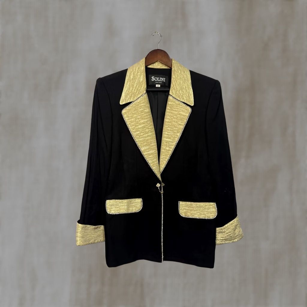Vintage VINTAGE Solini Blazer Women’s Black Gold Size 10 Solid Long Sleeve Mid-Length Button Regular 100% Cotton Cotton Rhinestone Accent Formal Jacket Coat Size L / US 10 / IT 46 - 1 Thumbnail