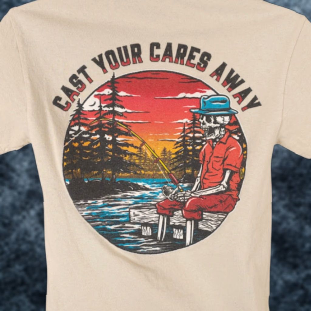 Vintage Retrofit Fishing T Shirt Mens Size S Beige Cast Your Cares Away Skeleton Size US S / EU 44-46 / 1 - 1 Thumbnail