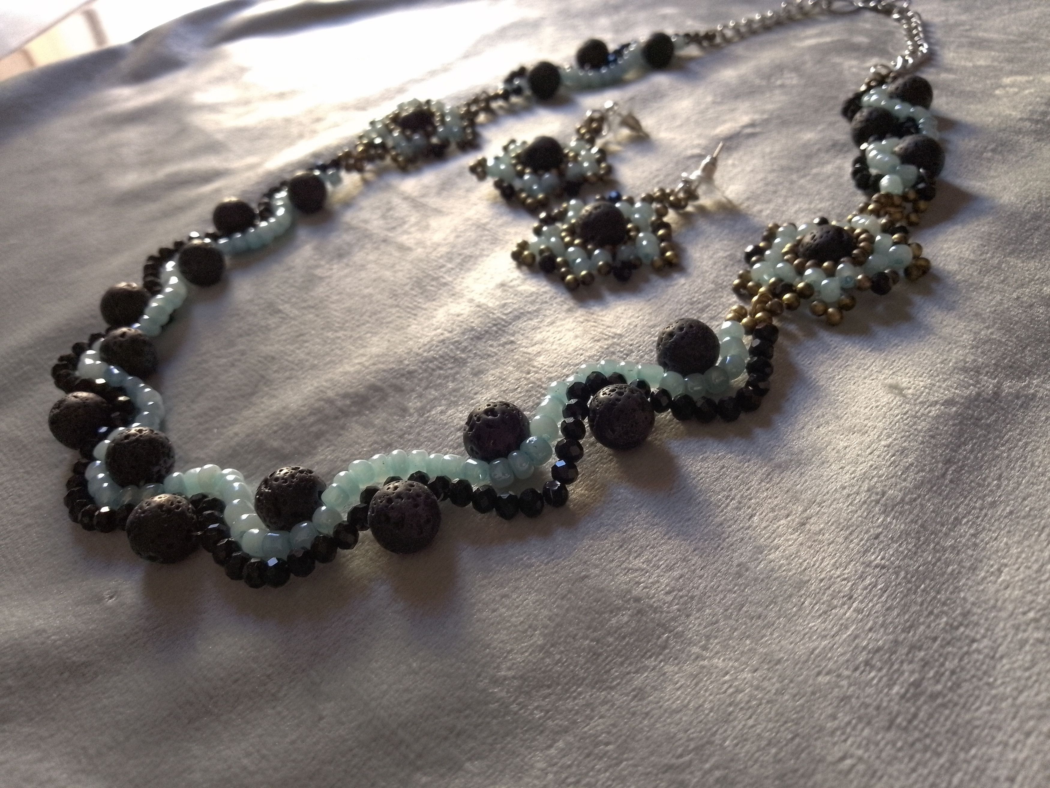 Handmade Necklace Long Black Blue Lava Stone Wavy Earrings Size ONE SIZE - 4 Thumbnail