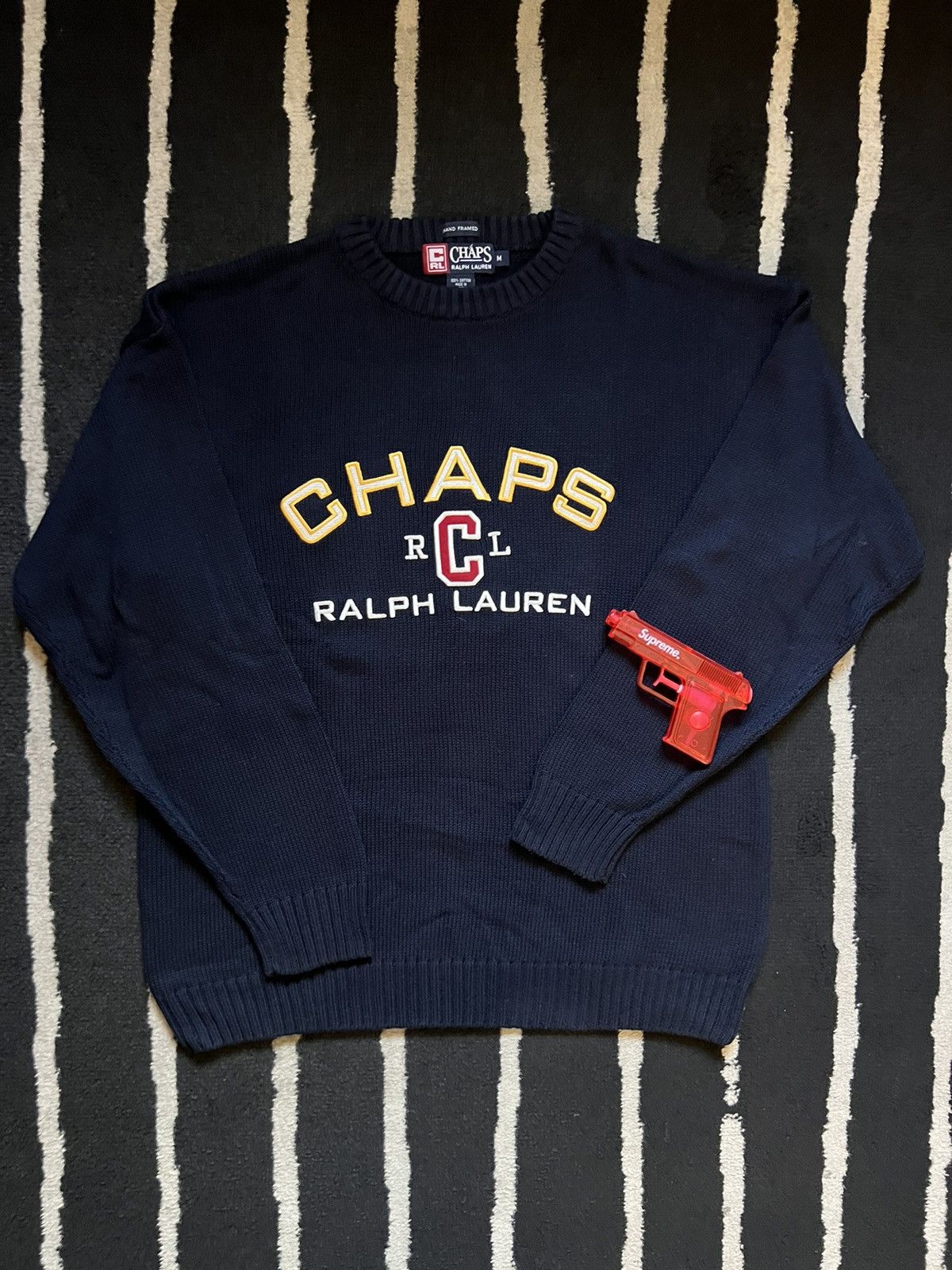 image of Chaps Ralph Laurent “C Rl” Spellout Sweater in Blue, Men's (Size Medium)