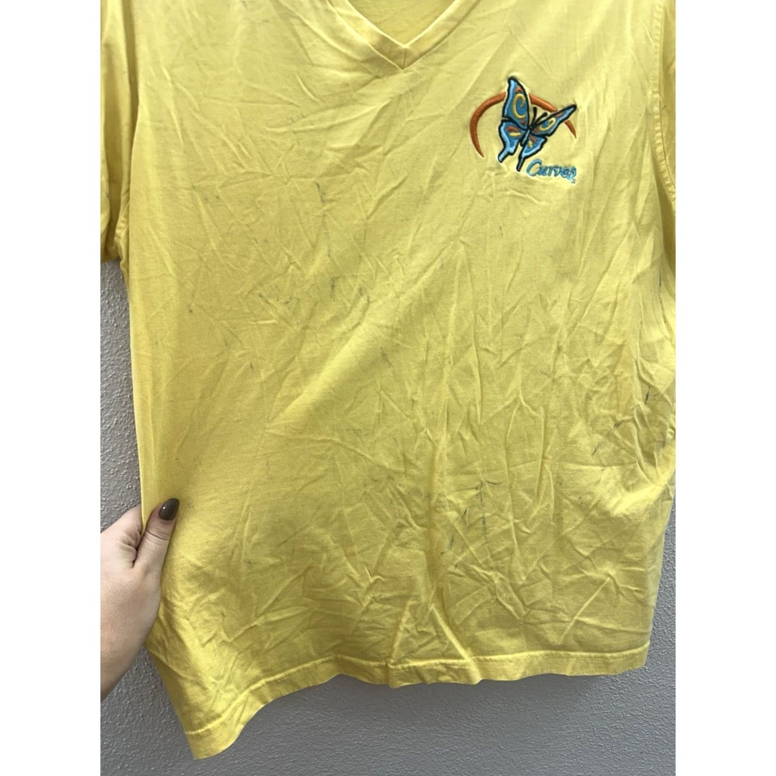 Logo 7 Curves Womens Shirt Large Yellow Short Sleeve V-Neck Embroidered Logo Size L / US 10 / IT 46 - 4 Thumbnail