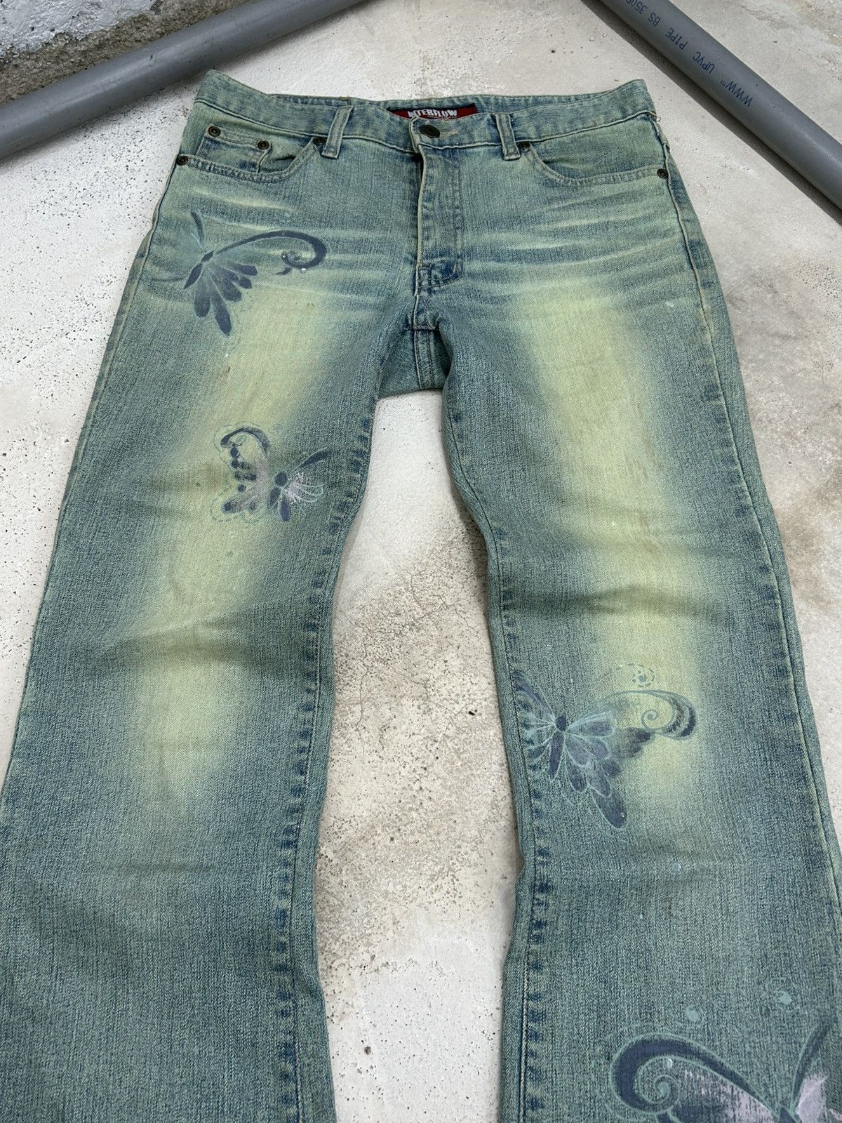 GOSTAR DE FUGA × Japanese Brand Interlow Unisex Jean Flare Mud Light Art Butterfly Paint Size US 29 - 6 Thumbnail