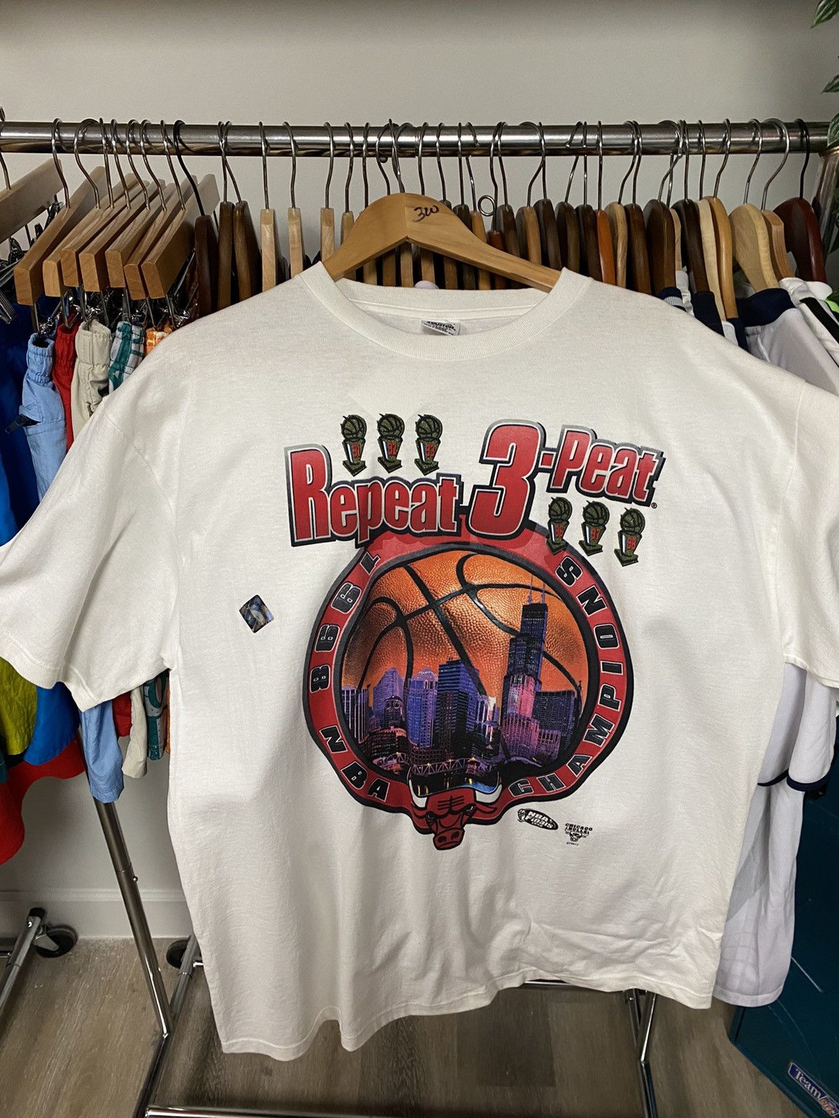 image of Starter x Vintage Chicago Bulls 90's 3 Peat Tee in White, Men's (Size Large)