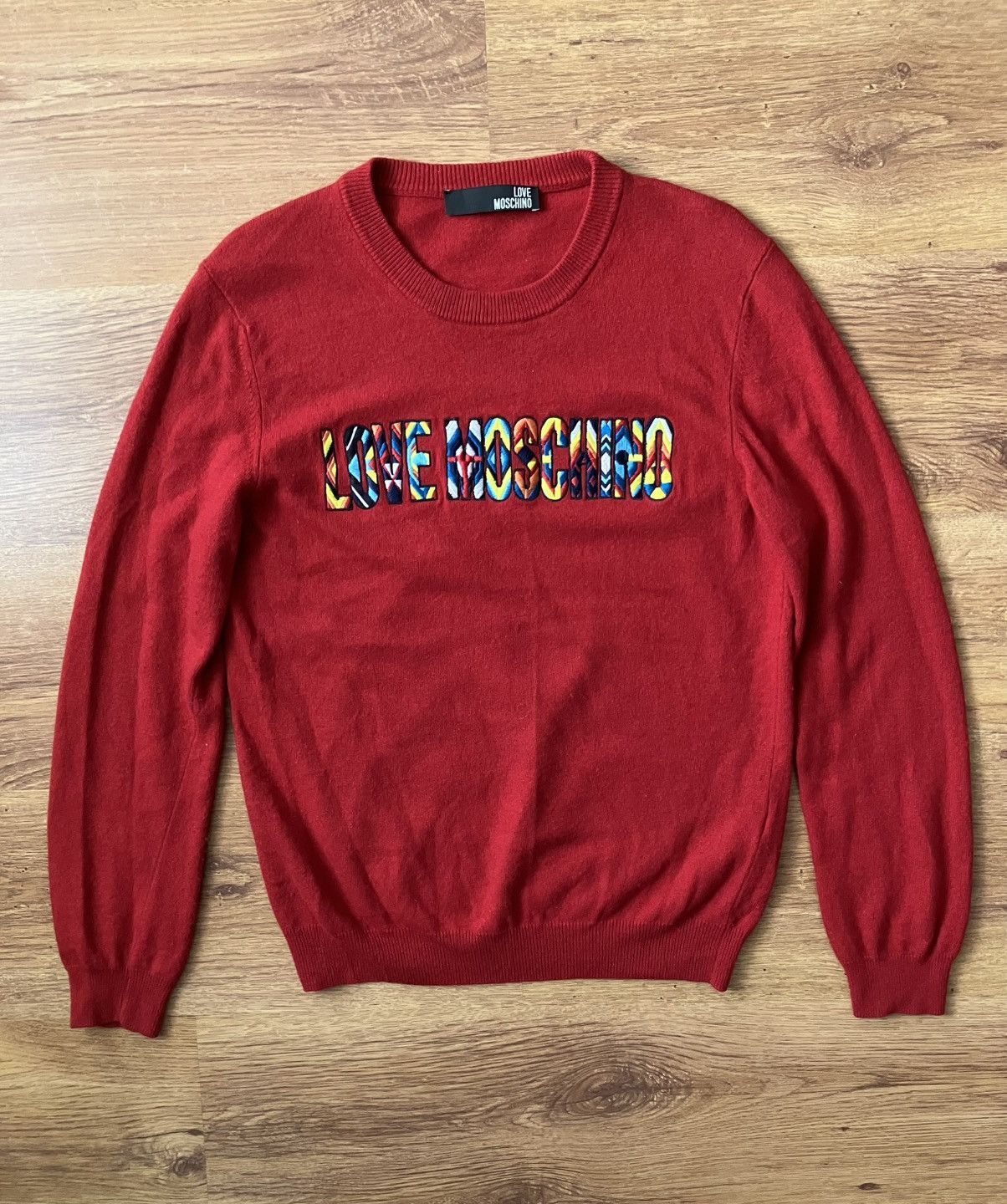 Love Moschino × Vintage Red Wool Vintage Love Moschino Sweater Jumper FrontLogo Silk Size M / US 6-8 / IT 42-44 - 1 Thumbnail