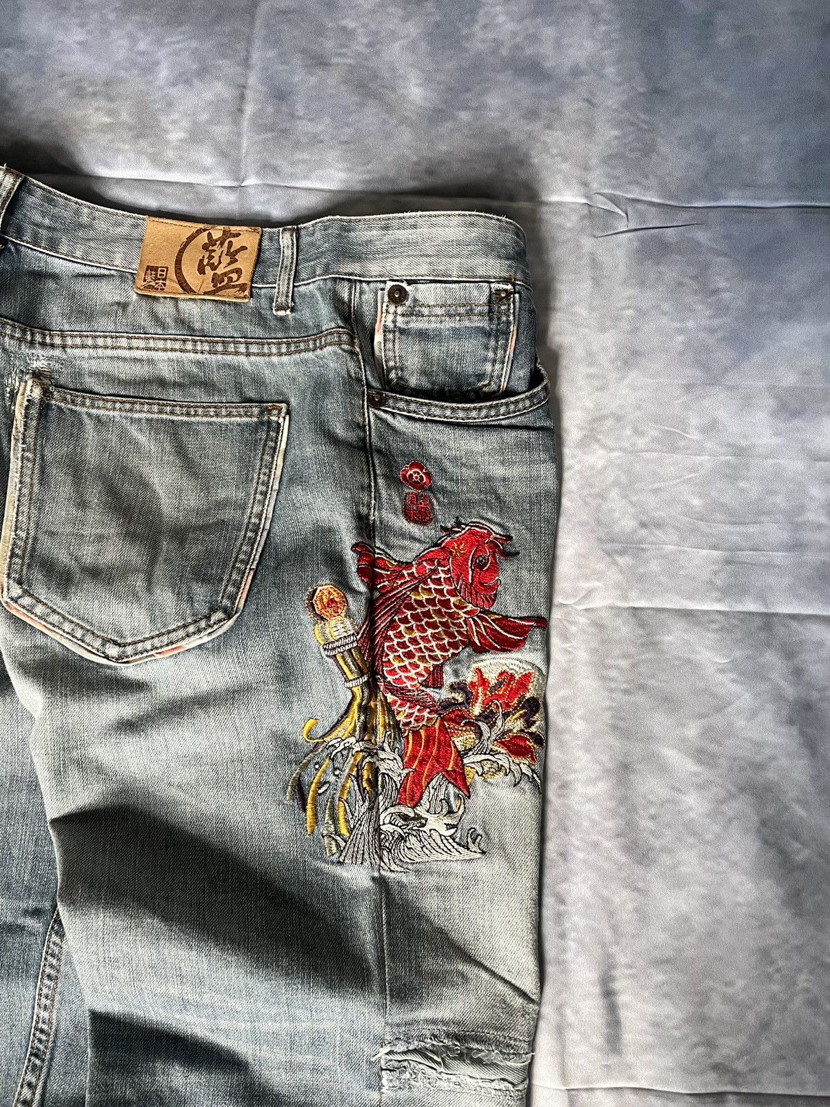 Japanese Brand Nippon Blue Y2K Embroidered Koi Fish Jeans Size US 36 / EU 52 - 5 Thumbnail