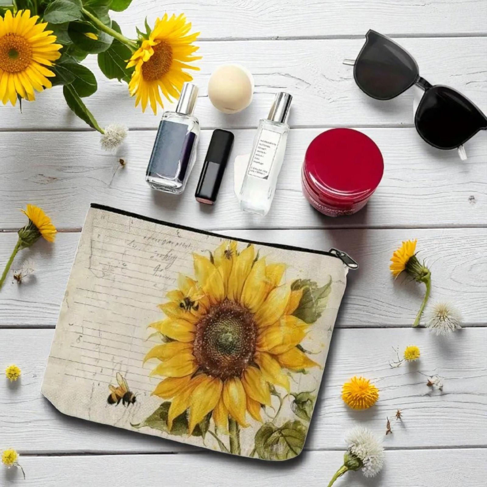 Other Vintage Sunflower Bee Cosmetic Bag Linen Makeup Organizer Size ONE SIZE - 3 Thumbnail
