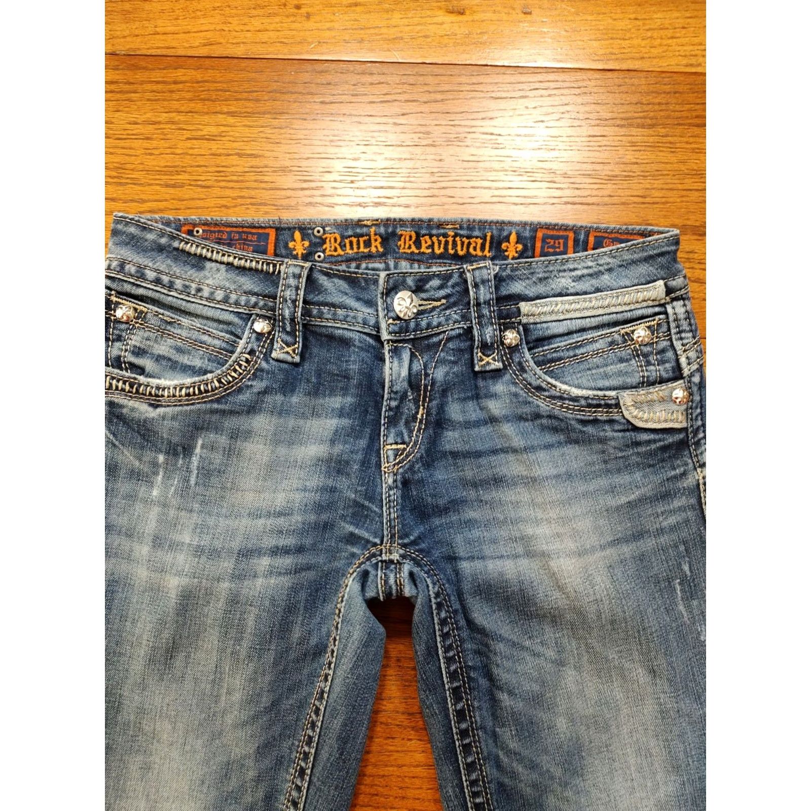 Vintage VINTAGE Rock Revival Gwen Skinny Jeans Denim Blue Thick Stitch Button Flap Womens 29x34 Size 29" - 4 Thumbnail
