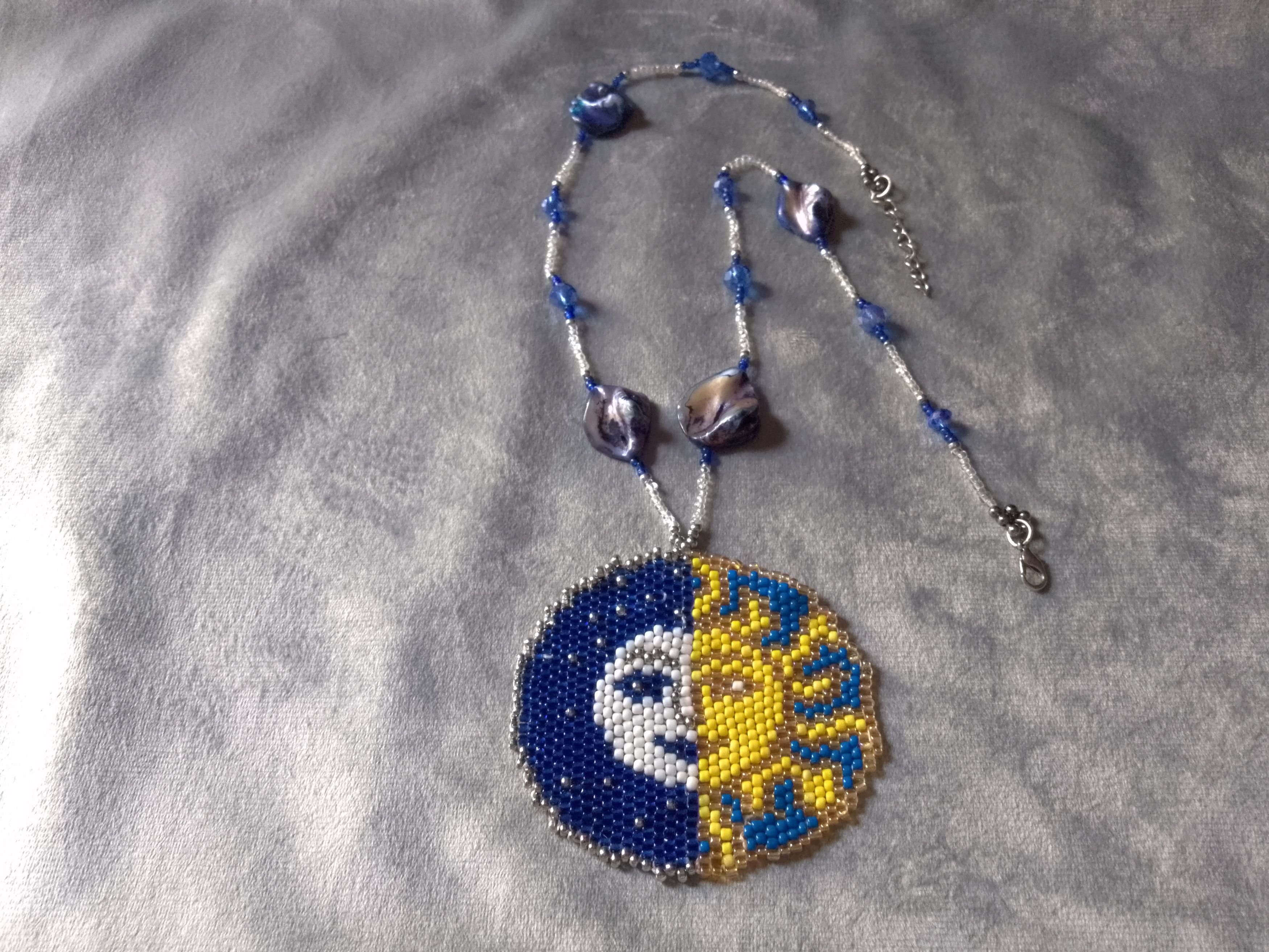 Handmade Necklace Long Blue Mothe of Pearl Beaded Pendant Sun Moon Size ONE SIZE - 3 Thumbnail