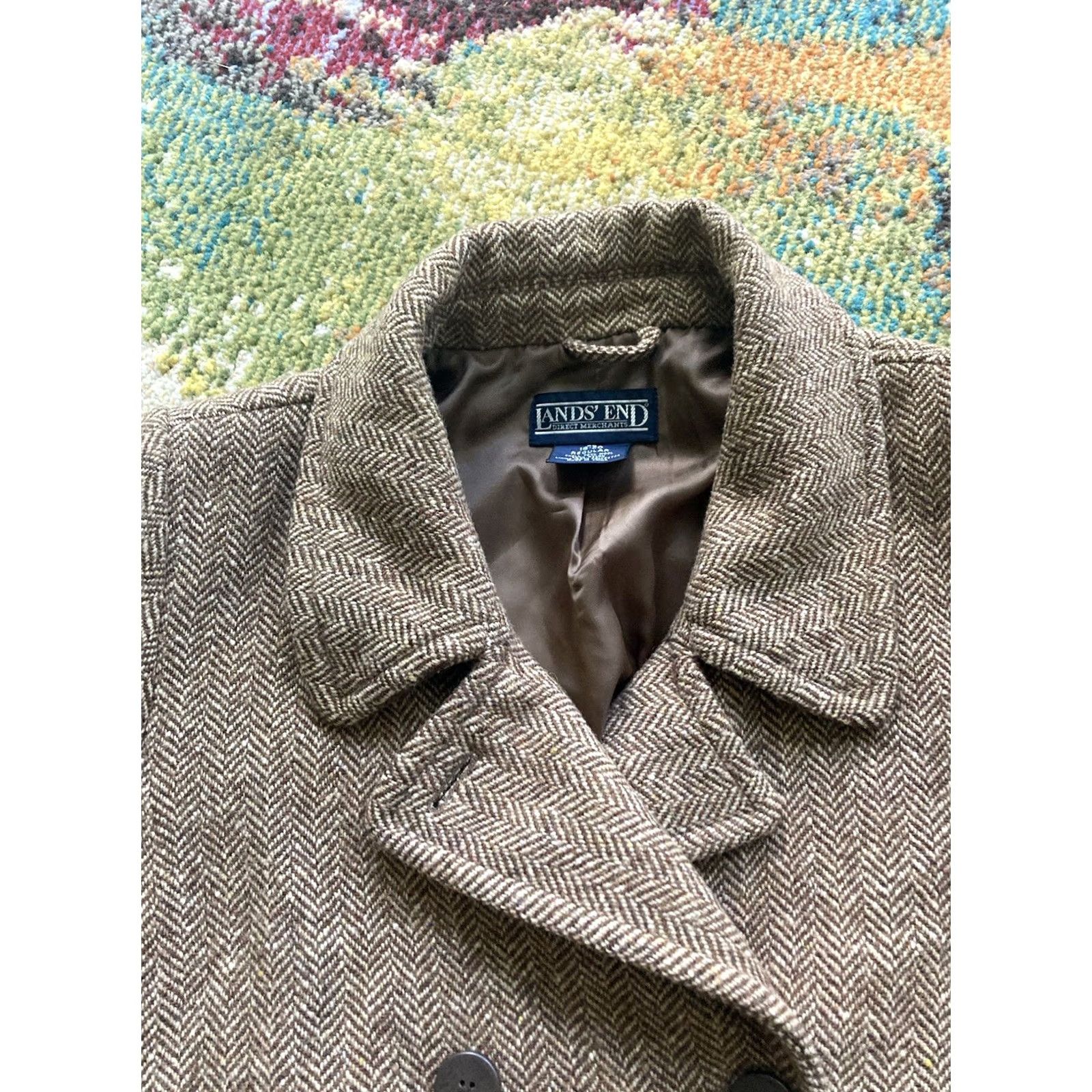 Lands' End Lands' End Womens XL Beige Herringbone Pea Coat Wool Blend Overcoat Size XL / US 12-14 / IT 48-50 - 5 Thumbnail