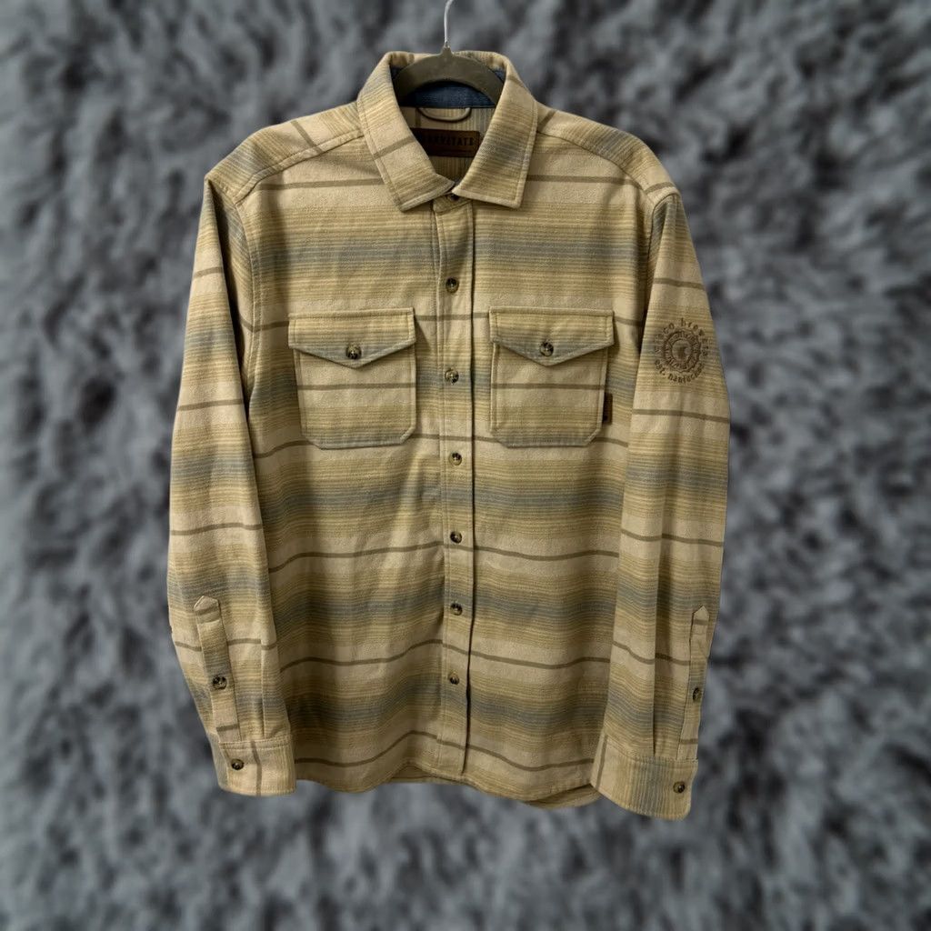 Vintage Levitate Shirt Mens M Tan Blue Striped Flannel Button-Down L/S Organic Cotton Recycled Polyester Embroidered Pockets Casual Workwear Vintage No Size US M / EU 48-50 / 2 - 1 Thumbnail