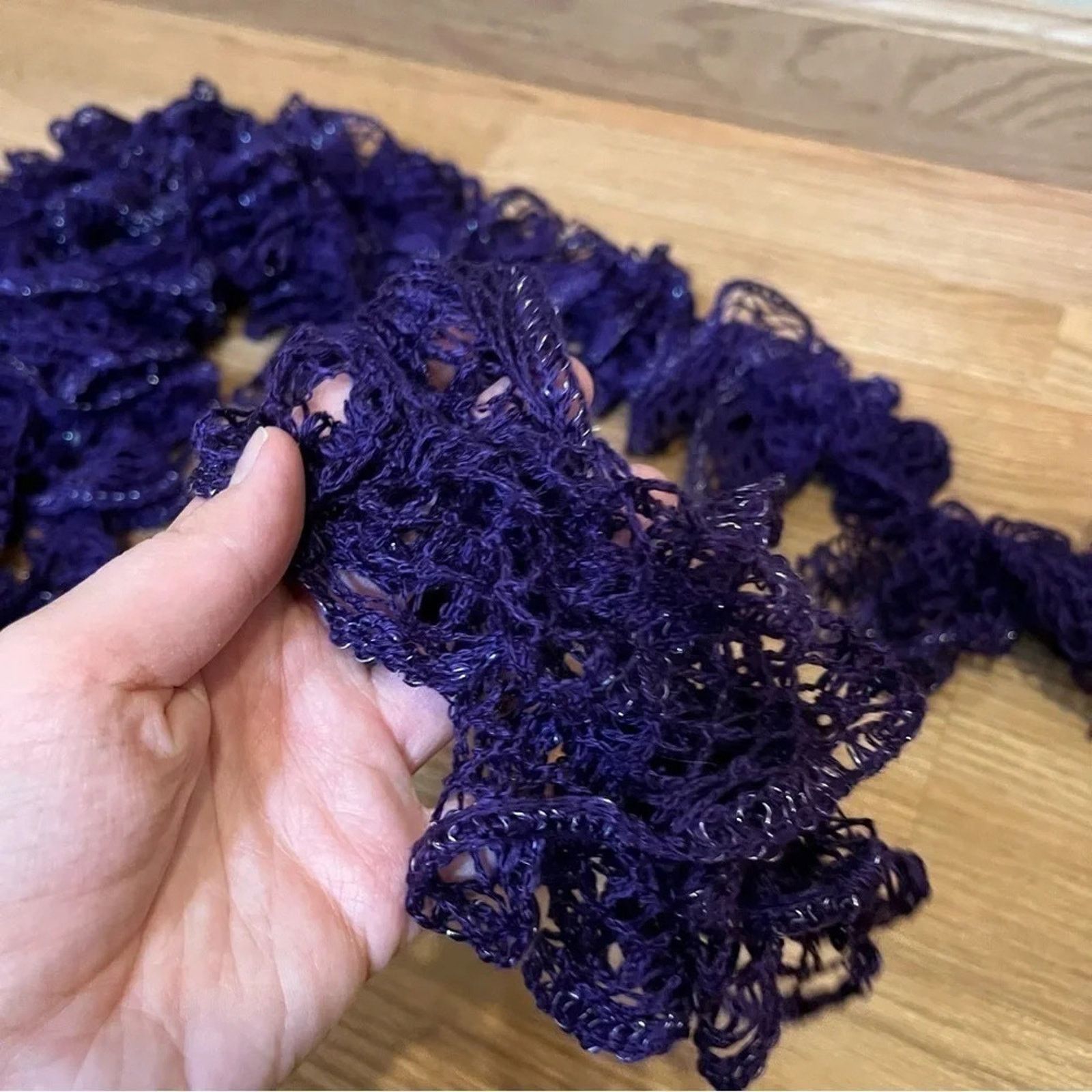 Handmade Fashion Handmade Crochet Ruffle Lace Scarf Purple Extra Long Size ONE SIZE - 3 Thumbnail