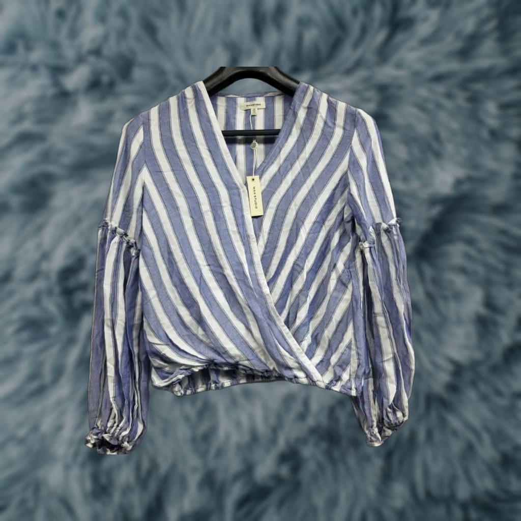 Vintage Max Studio Blouse Shirt XS Womens Top 3/4 Sleeve Blue Striped Raglan Round Neck NWT Size XS / US 0-2 / IT 36-38 - 1 Thumbnail