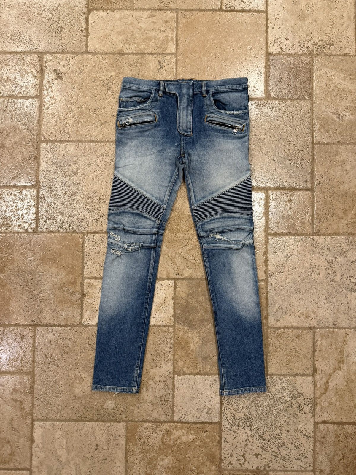 Balmain Balmain OG Biker Distressed Stone Wash Blue Denim Jeans Size US 31 - 1 Thumbnail
