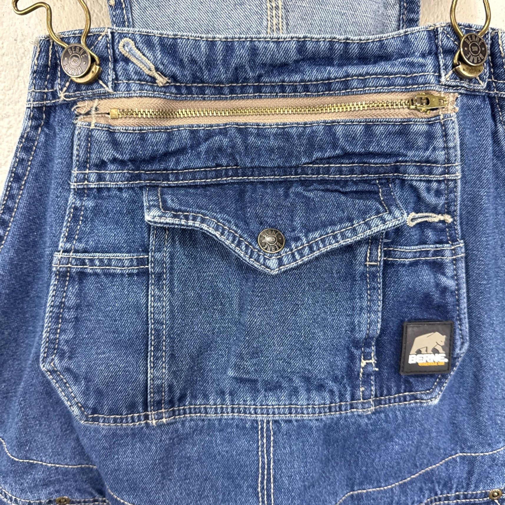 Vintage Berne Denim Carpenter Bib Overalls Men Blue Denim 44x32 Zip Button Cargo Pocket Regular Size 44 Inseam 32 Mid Rise Straight Jeans Workwear Vintage: No Size US 44 / EU 60 - 3 Thumbnail