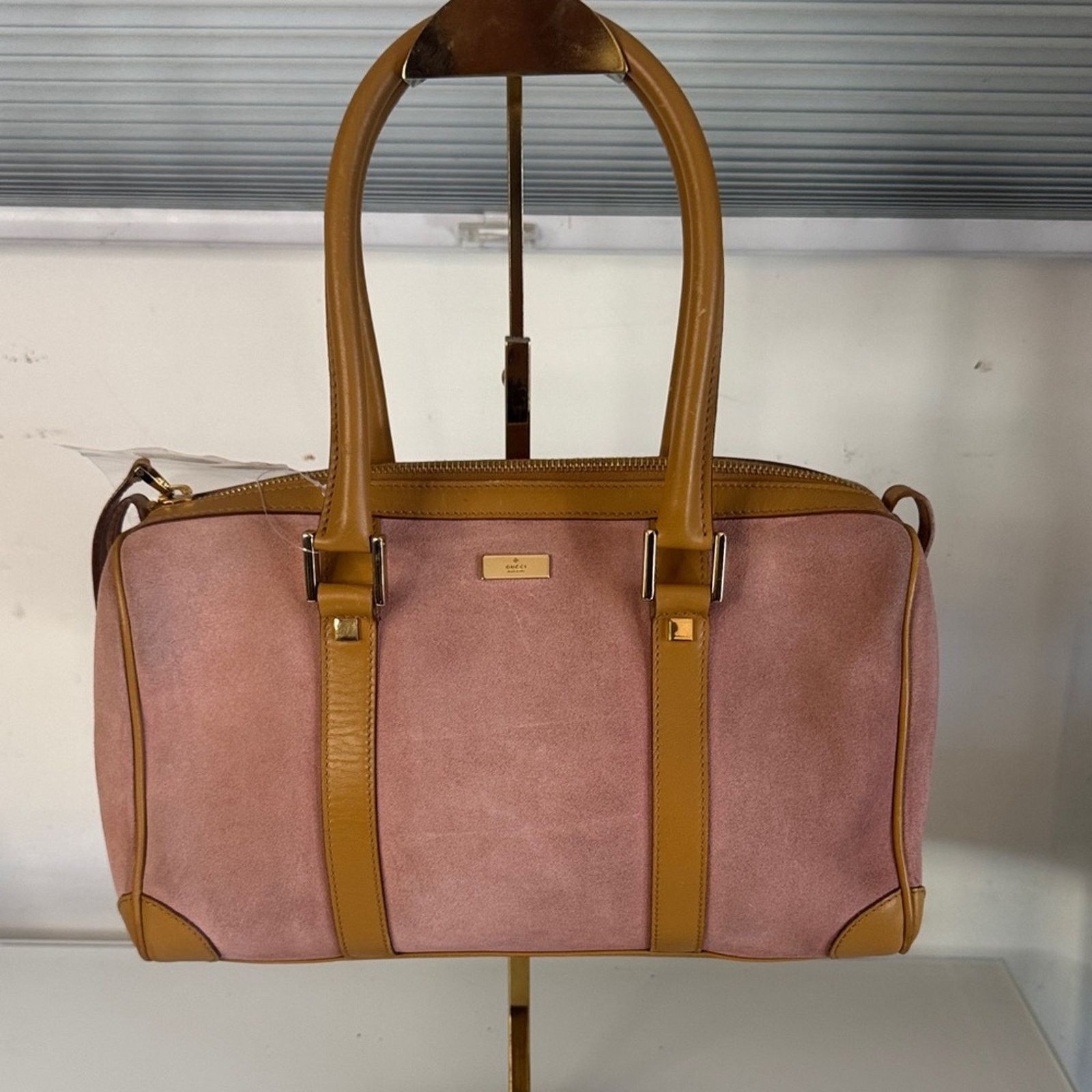 Gucci Vintage Zip Boston Bag - Pink Suede and Tan Leather