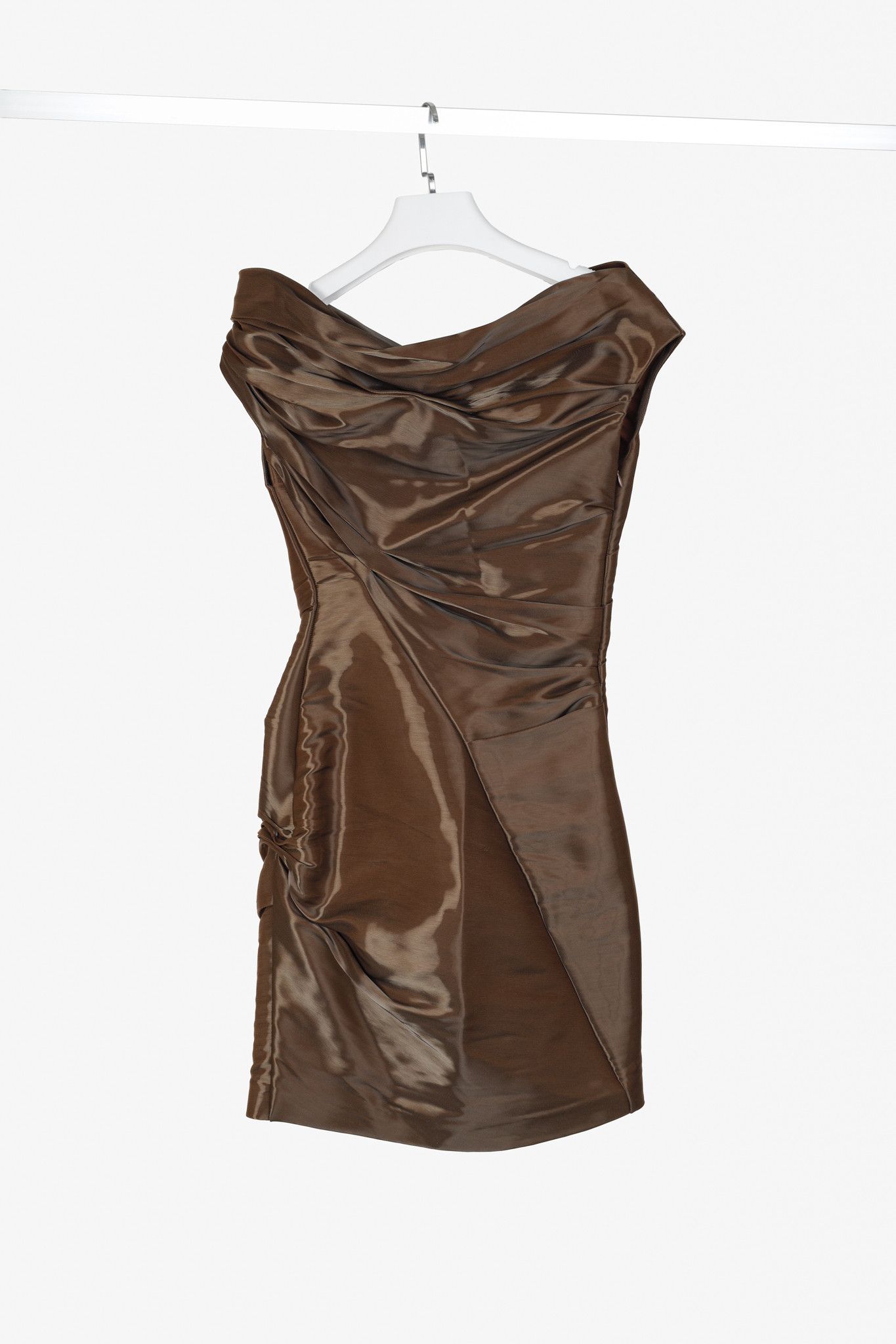 Ports 1961 Ports 1961 Runway Brown Shiny Off-The-Shoulder Mini Dress Size XS / US 0-2 / IT 36-38 - 2 Thumbnail