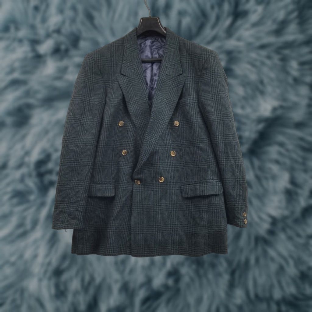 Vintage VINTAGE Paul Rodon Sport Coat Jacket Blue Plaid Wool Silk 48L Double Breasted Peak Lapel Six Button Long See Measurements Mens Size 48R - 1 Thumbnail