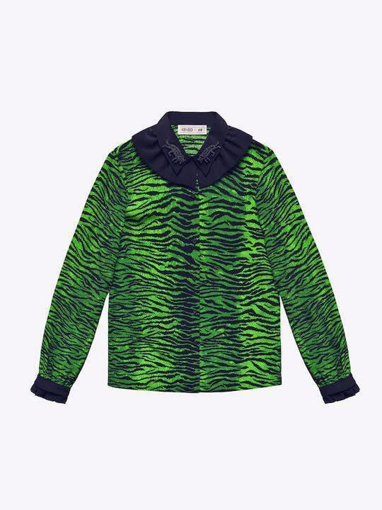 H&M × Kenzo Kenzo H&M Green Silk Tiger Print Beaded Button Blouse Ruffle Size S / US 4 / IT 40 - 2 Thumbnail