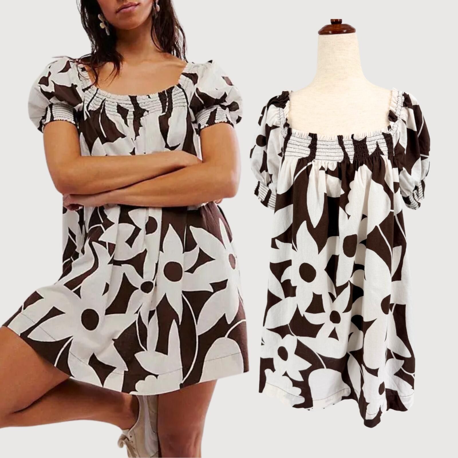Free People Free People Floral Babydoll Mini Dress Brown Cream S Size S / US 4 / IT 40 - 1 Thumbnail