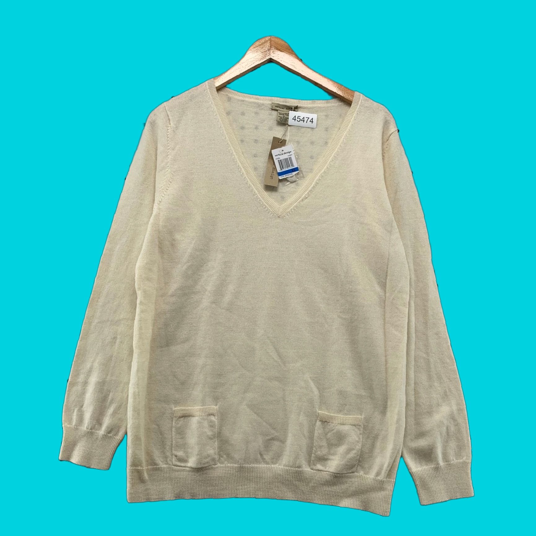 Vintage Vertical Design Sweater Womens XL Ivory Pockets 100% Merino V Neck Size XL / US 12-14 / IT 48-50 - 1 Thumbnail