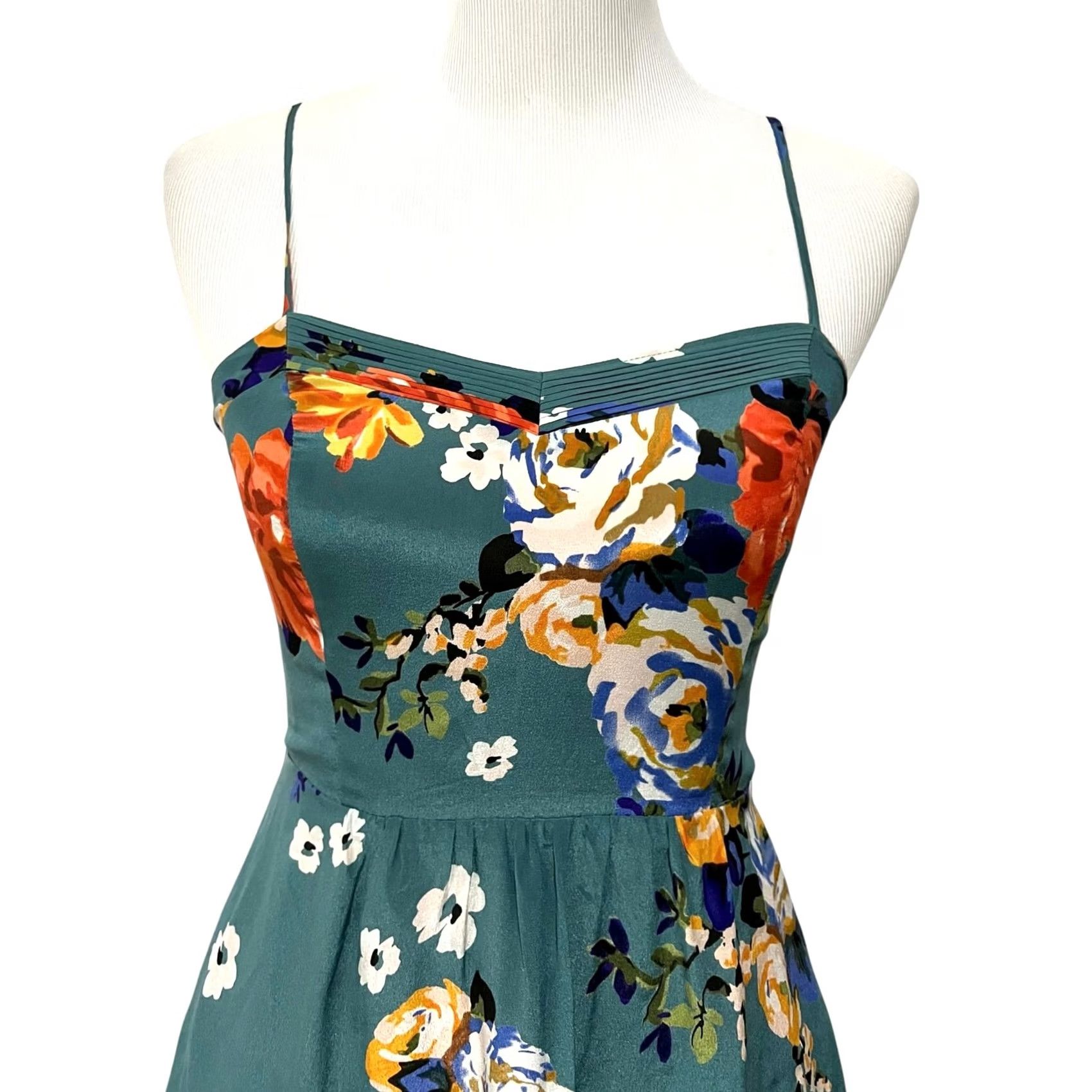 Vintage Moulinette Soeurs Silk Slip Dress Spaghetti Straps Green Floral w/ Pockets Sz 2 Size XS / US 0-2 / IT 36-38 - 2 Thumbnail