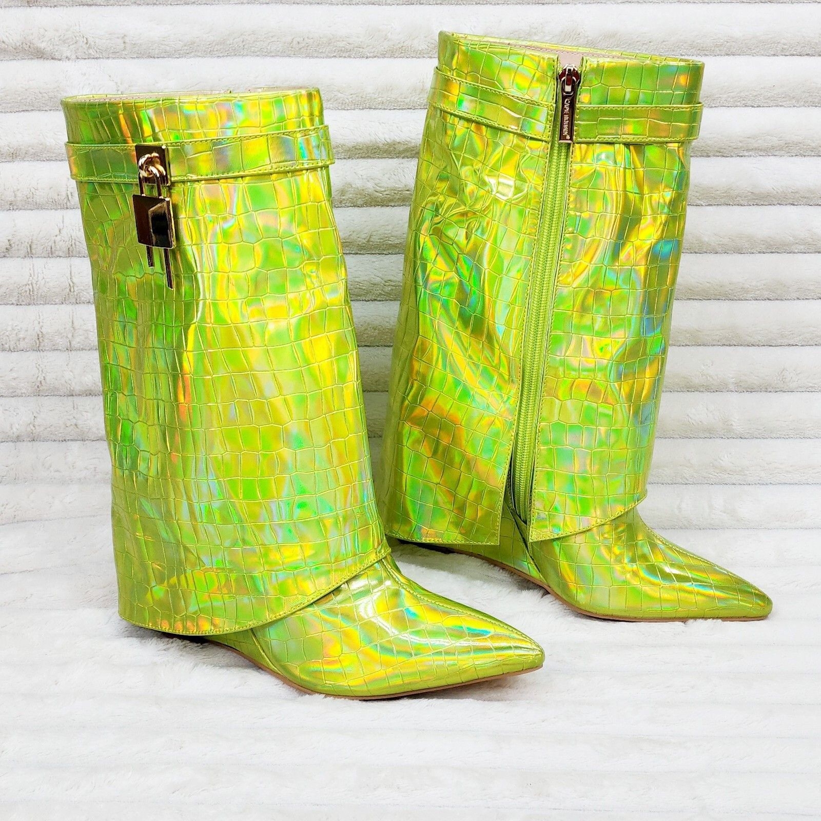 Other Vision Lime Yellow Hologram Wedge Heel Fold Over Skirted Ank Size US 6.5 / IT 36.5 - 4 Thumbnail
